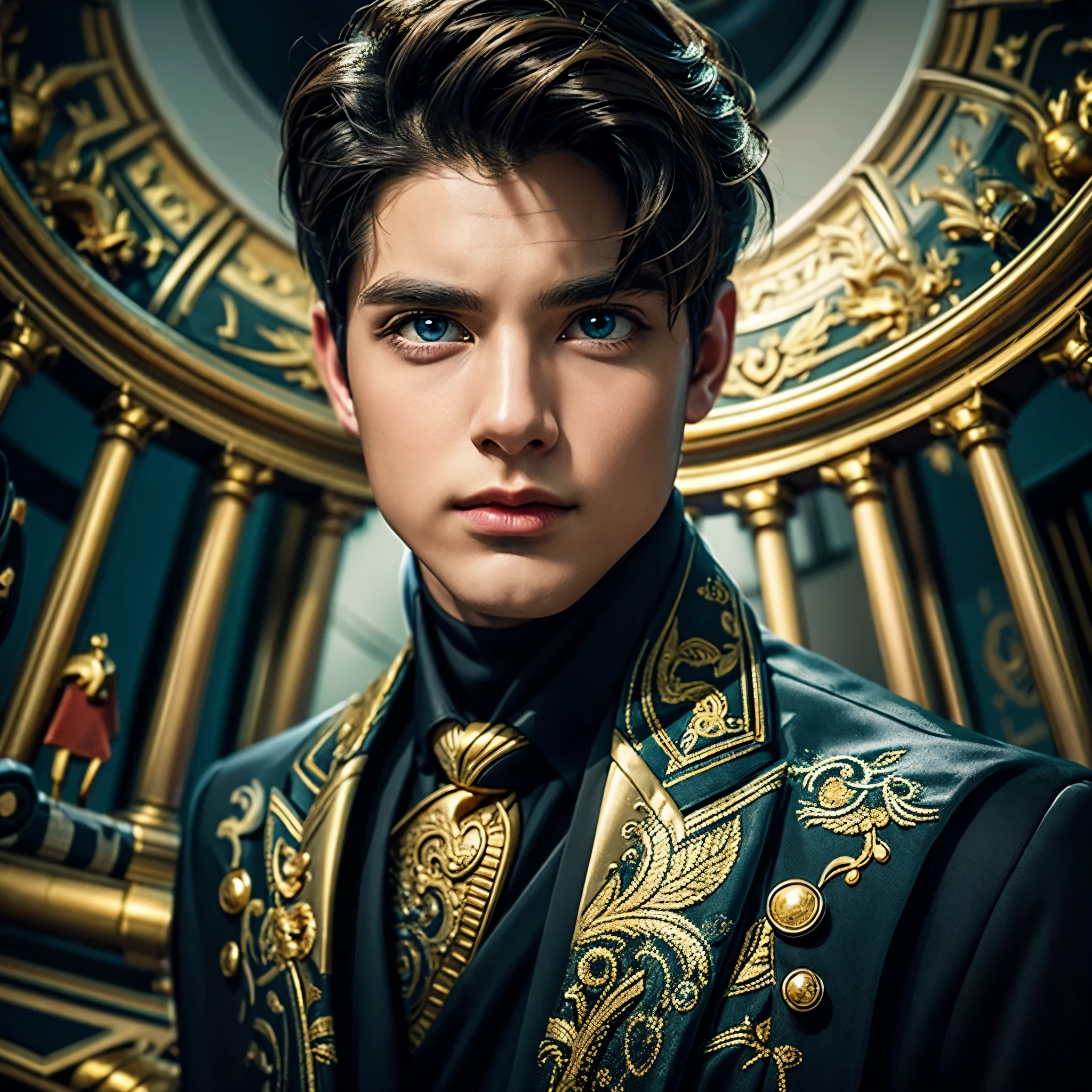 Young guy, short brown hair, Cyan eyes, Black suit with gold elements, Masterpiece, hiquality
