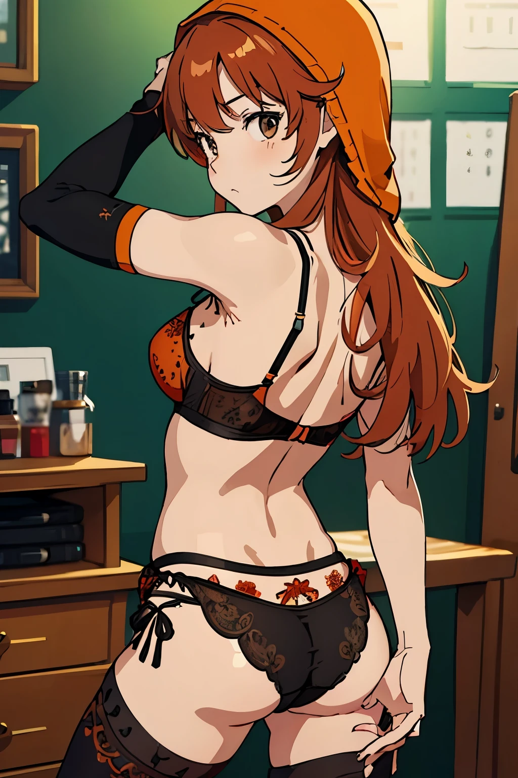 High resolution、highest quality、small height、small shoulder width、white skin、slender、long hair、brown orange hair、(maribel, red hair、brown orange hood)、thin thighs、(big boobs)、(((Sexual bra with detailed decoration、Sexual black panties with detailed decoration、black tights)))、sexual pose、put your hand on your waist、filming her from behind、small ass、back