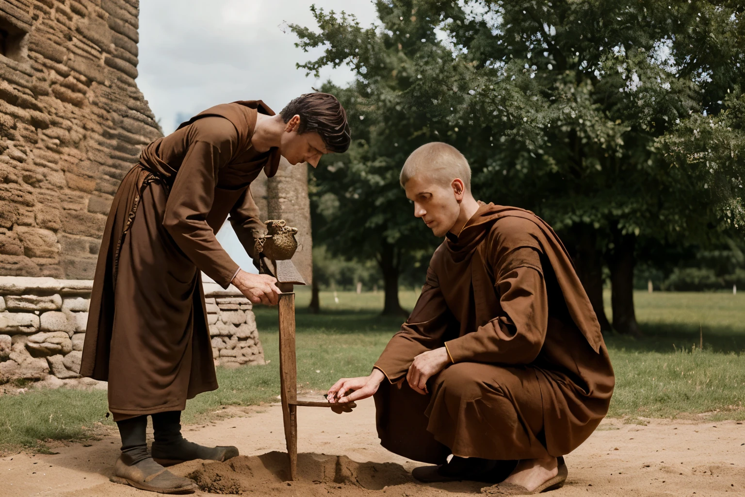England, 1349. ((((46-year-old)) Thomas of Langley)), handsome, tall, stern, unburying a (((treasure))) from the ground. ((((monk clothings from the 1340s)))), ((monk dark hairstyle of the 1340s))