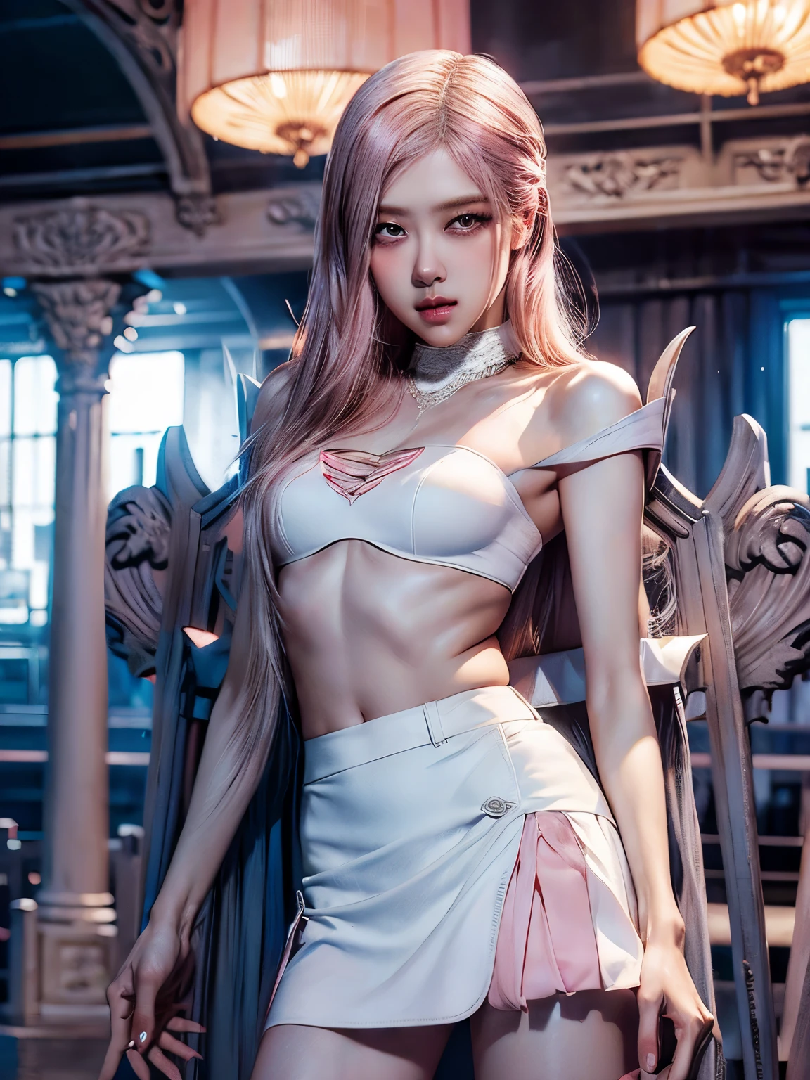 Princess of lightness,pink hair,busty,Glamour,Gorgeous,Jewelry,monochromes,goddess,light Fantasy,light Venus,erotic posing,Dynamic Posing,Dramatic,Cinematic,Detailed background,light fantastic view,Best Quality,masutepiece,8K,The ultimate detailed light background, Top image quality、RAW photography、超A high resolution、show legs,cropped shoulders,close-up all over the body,Be red in the face,overall look is very erotic。(Hand optimization),(Details are strengthened),(High Picture Quality) An 18-year-old female、Shot for one person only、model shoot、medium breasts、Wearing a white skirt、Beautiful Eyes of Details、Very slender eyes、Beautiful eyelashes、beautiful double eyelid、Very slim physique, Shy, with blush cheeks, 🤍