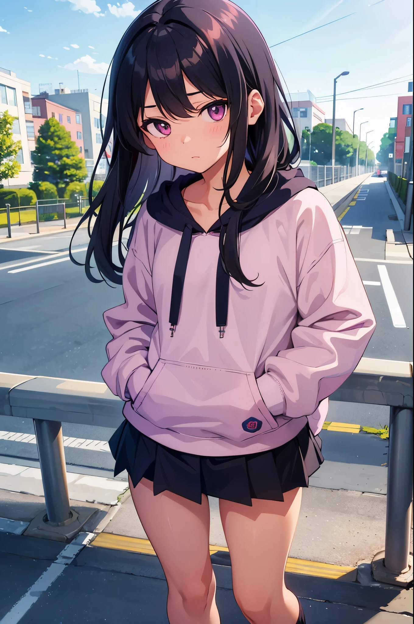 City crossroads Asphalt roads in front of the crosswalk elementary school girl 8-year-old flat chest black hair long hair eyes are purple ((1 person)) Hooded hoodie with upper body pink Lower body navy blue mini skirt white panties white socks sports boots daytime standing leaning against a traffic light pole((スカートがめくれてwhite pantiesが見える)) dynamic angle Low - Angle