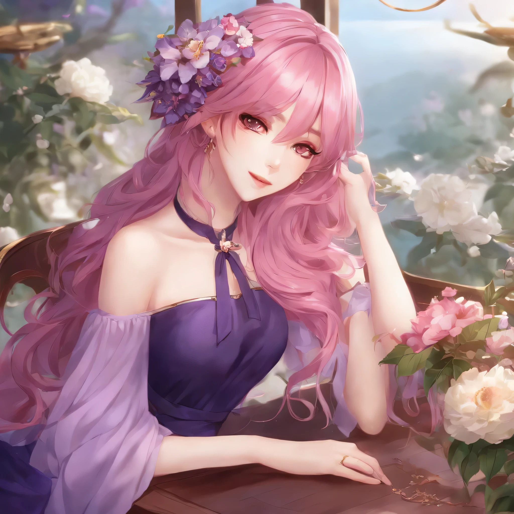 Anime, Anime girl, Ke Qing, Genshin Impact, Long hair, Pink hair, Purple dress, Sitting on a table, A beautiful flower in her hair, Looking at us, Top-down view.