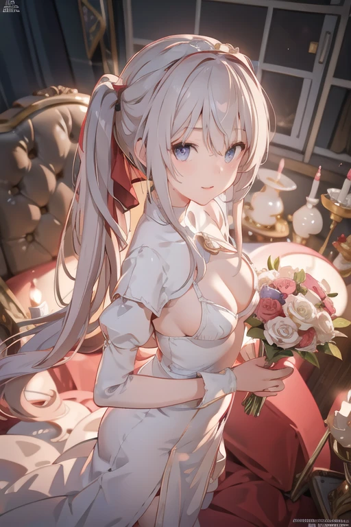 (from above:1.2),(from side:0.9), ((Face)), (Close-Up:0.4), ((looking at viewer, holding a bouquet to his mouth)), highest quality、(real、photorealistic:1.4)、(RAW photo:1.2)、very detailed CG unity 8k wallpaper, delicate and beautiful, wonderful, Fine detail, official art, disorganized, very disorganized, huge file size, Ultra-detailed, very detailed, very detailed girl, very detailed eyes and face, Bright on the face、(20 age girl:1.0)、small smile, smiling, miorine rembran, ahoge, (twintail hair:1.25), hair between eyes, hair twintails, (long hair:1.25), tiara,ruany,off-shoulder dress,pearl ,(gemstone),tiara,veil,wedding dress, wedding necklace, wedding long gloves, (luxurious bouquet), chapel, Stained glass,(best quality, highres, masterpiece:1.2), ultra-detailed, (realistic:1.37) illustration, erotic style, soft lighting, sweat glistening on her body, gentle warmth, dark and mysterious, small breast,narrow waist,(with sparkling eyes and a contagious smile),her thin pubic hair, looking at viewer, 