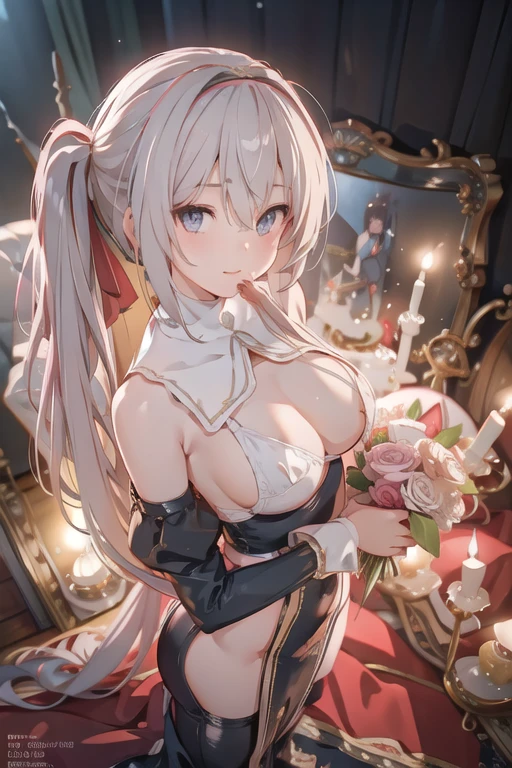 (from above:1.2),(from side:0.9), ((Face)), (Close-Up:0.4), ((looking at viewer, holding a bouquet to his mouth)), highest quality、(real、photorealistic:1.4)、(RAW photo:1.2)、very detailed CG unity 8k wallpaper, delicate and beautiful, wonderful, Fine detail, official art, disorganized, very disorganized, huge file size, Ultra-detailed, very detailed, very detailed girl, very detailed eyes and face, Bright on the face、(20 age girl:1.0)、small smile, smiling, miorine rembran, ahoge, (twintail hair:1.25), hair between eyes, hair twintails, (long hair:1.25), tiara,ruany,off-shoulder dress,pearl ,(gemstone),tiara,veil,wedding dress, wedding necklace, wedding long gloves, (luxurious bouquet), chapel, Stained glass,(best quality, highres, masterpiece:1.2), ultra-detailed, (realistic:1.37) illustration, erotic style, soft lighting, sweat glistening on her body, gentle warmth, dark and mysterious, small breast,narrow waist,(with sparkling eyes and a contagious smile),her thin pubic hair, looking at viewer, 