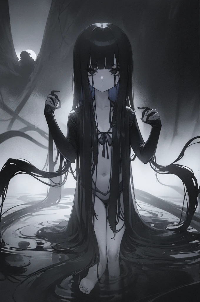 6 year old girl,1girl,,blunt bangs,very long black hair,black eyes,,centipede,,hair over both eyes,,upper body shot,,,,from above,cold,,negligee,ghost girl,,,,,,,upper body shot,,foot,Swamp,,moonlight,blue light,backlight,,contemptuous look,sadistism,,leg,