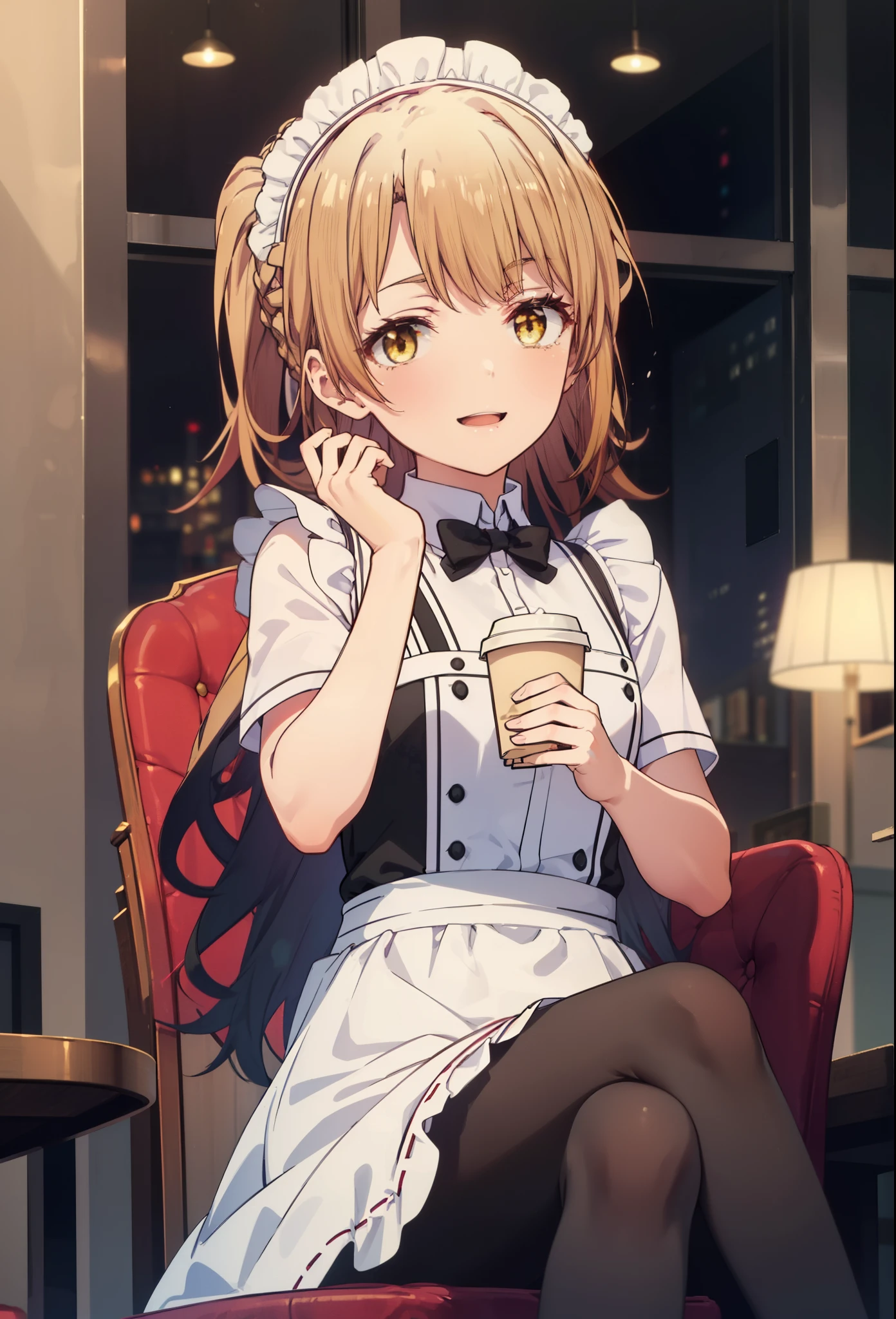 irohaisshiki, iroha isshiki, long hair, brown hair, (brown eyes:1.5), Smile, smile, open your mouth,short braided hair,ponytail,blush,smile,Maid clothes,Medium chest,she was wearing a miniskirt, black pantyhose, sitting cross-legged on a chair,So that the whole body goes into the illustration,
break indoors, coffee shop,
break looking at viewer,
break (masterpiece:1.2), highest quality, High resolution, unity 8k wallpaper, (shape:0.8), (fine and beautiful eyes:1.6), highly detailed face, perfect lighting, Very detailed CG, (perfect hands, perfect anatomy),