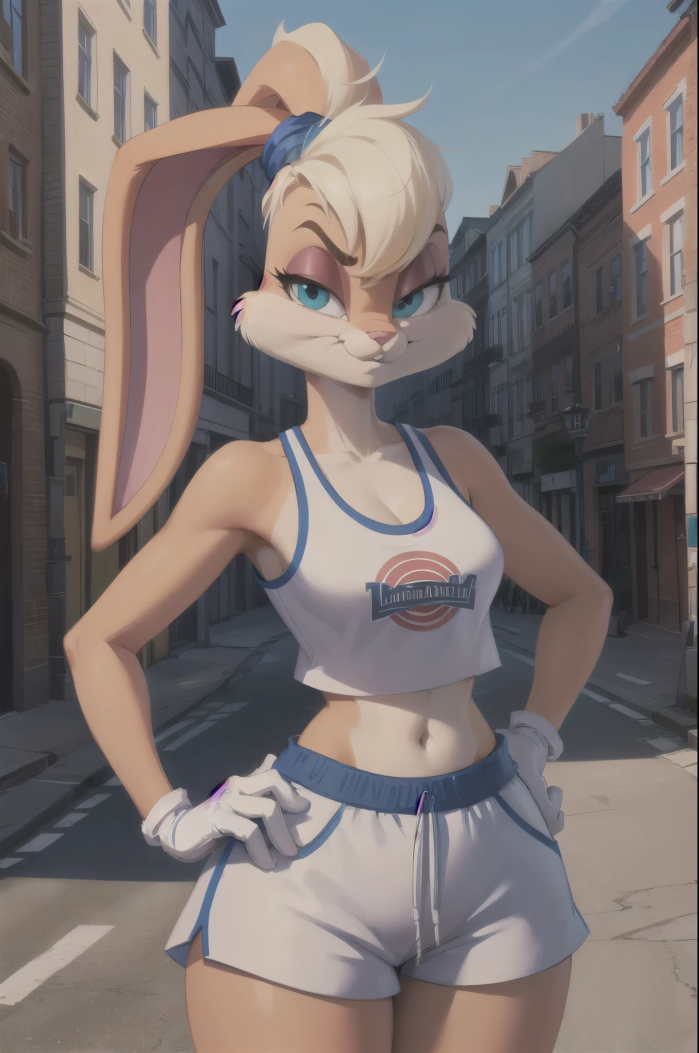 lolabunny, furry, animal nose, white shorts, white gloves, tank top, sportswear, bunny ears, looking at viewer, serious,standing, hands on hips, outside, city, street, blue sky, high quality, masterpiece, 