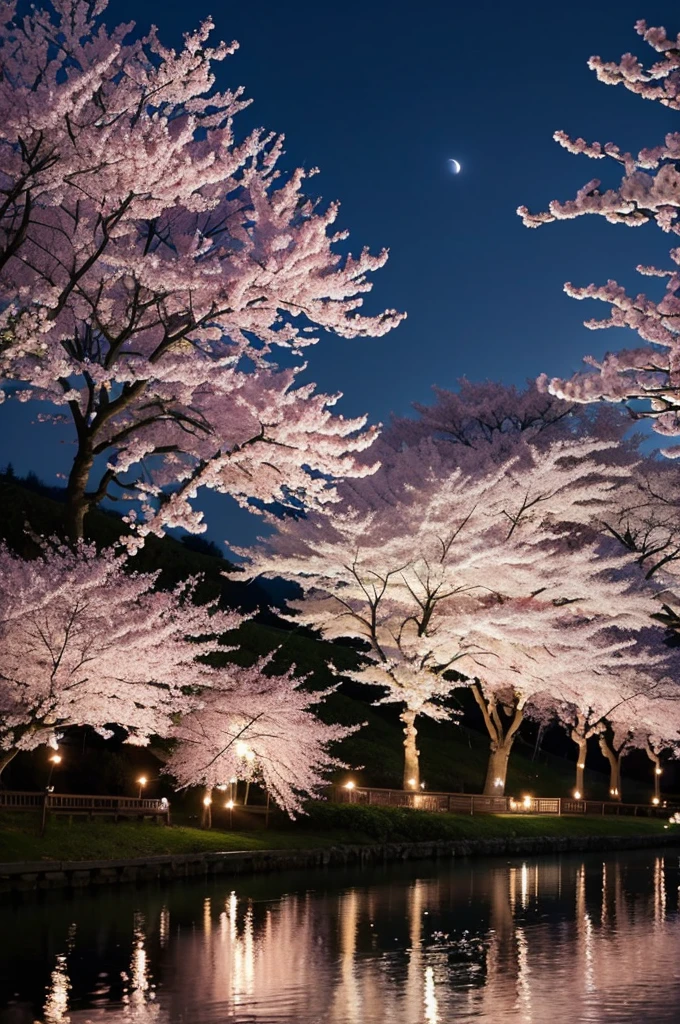 Rows of cherry blossom trees in full bloom under the magical night sky、Illuminated with fantastic lights