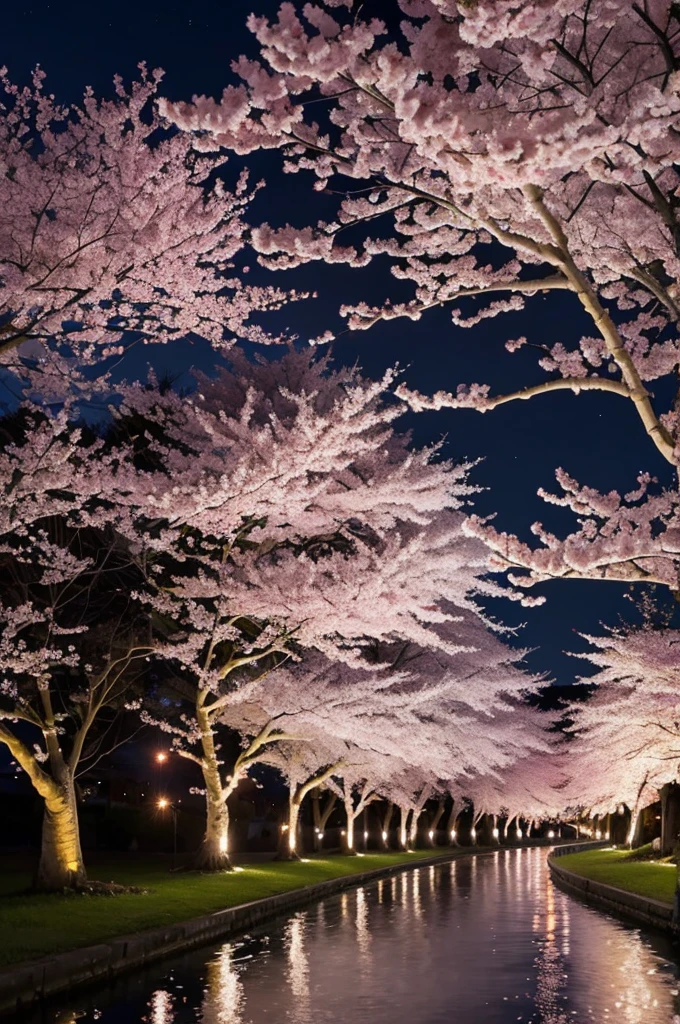 Rows of cherry blossom trees in full bloom under the magical night sky、Illuminated with fantastic lights