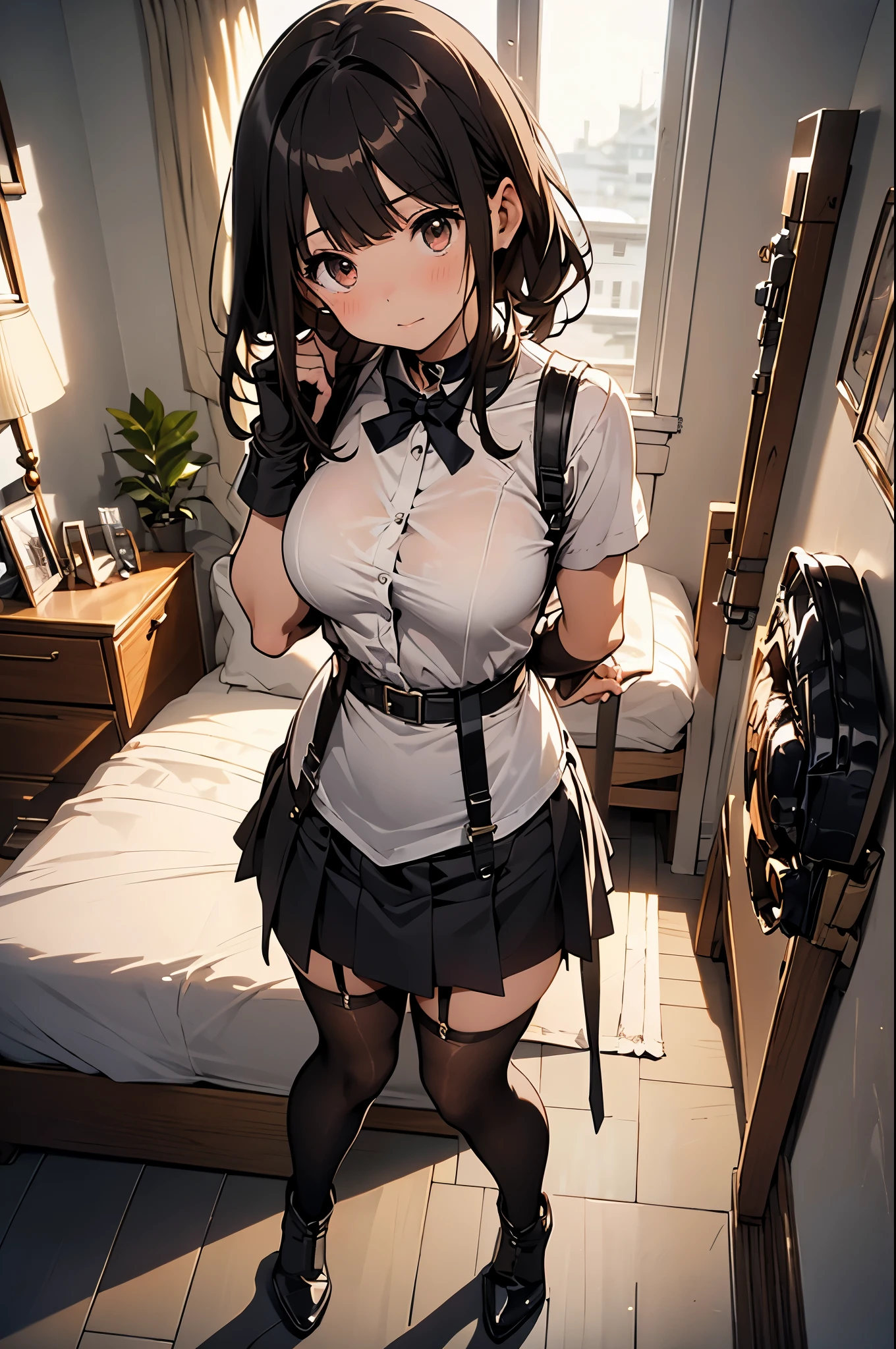 brown hair、looking at the viewer suspenders big breasts black mini skirt garter belt knee high socks Aerial perspective small face bangs Beauty hands up sideways view black boots provocation one person hands behind put your hands behind your back Hands behind your back With your hands behind your back armed holster Belt Garter Bell Black Gloves with Holes A Hotel Room Bed wall side