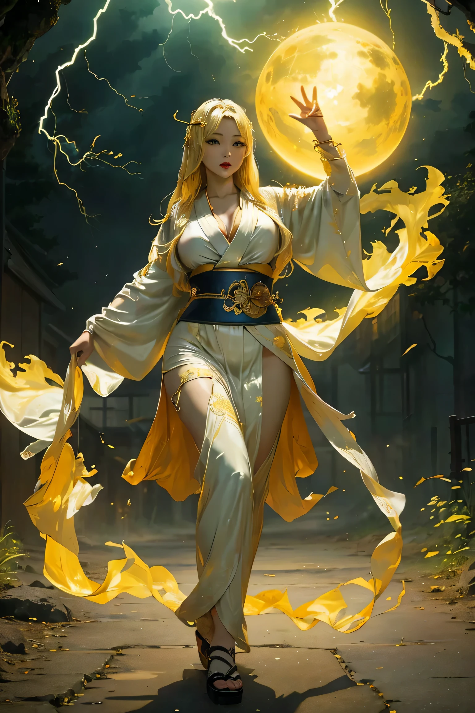 (8k, highest quality, masterpiece: 1.2), (realistic, realistic: 1.37), Super detailed, ((A bewitching female thunder god dancing in the sky:1))、((Female thunder god in sexy Japanese style kimono))、A sexy thunder god who controls lightning、((A sexy golden kimono inspired by thunder:1))