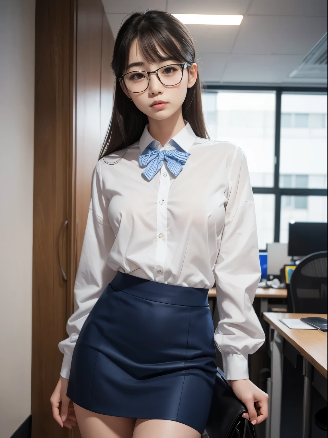 one person、solo、A 20-year-old office lady in office uniform poses for a photo shoot、victory、Tsundere、Saucy、Single knot、OL、suit、blue mini skirt、anger、Small、glasses、Slim girl model photo、Body:史上最Smallの美少女、female model、Japanese female fashion model、(8K、RAW photo、Highest image quality、masterpiece:1.2)、(real、photorealistic:1.37)、Ultra high definition、Ultra high definition、Office Street、standing position、whole body、((((SEXY)))