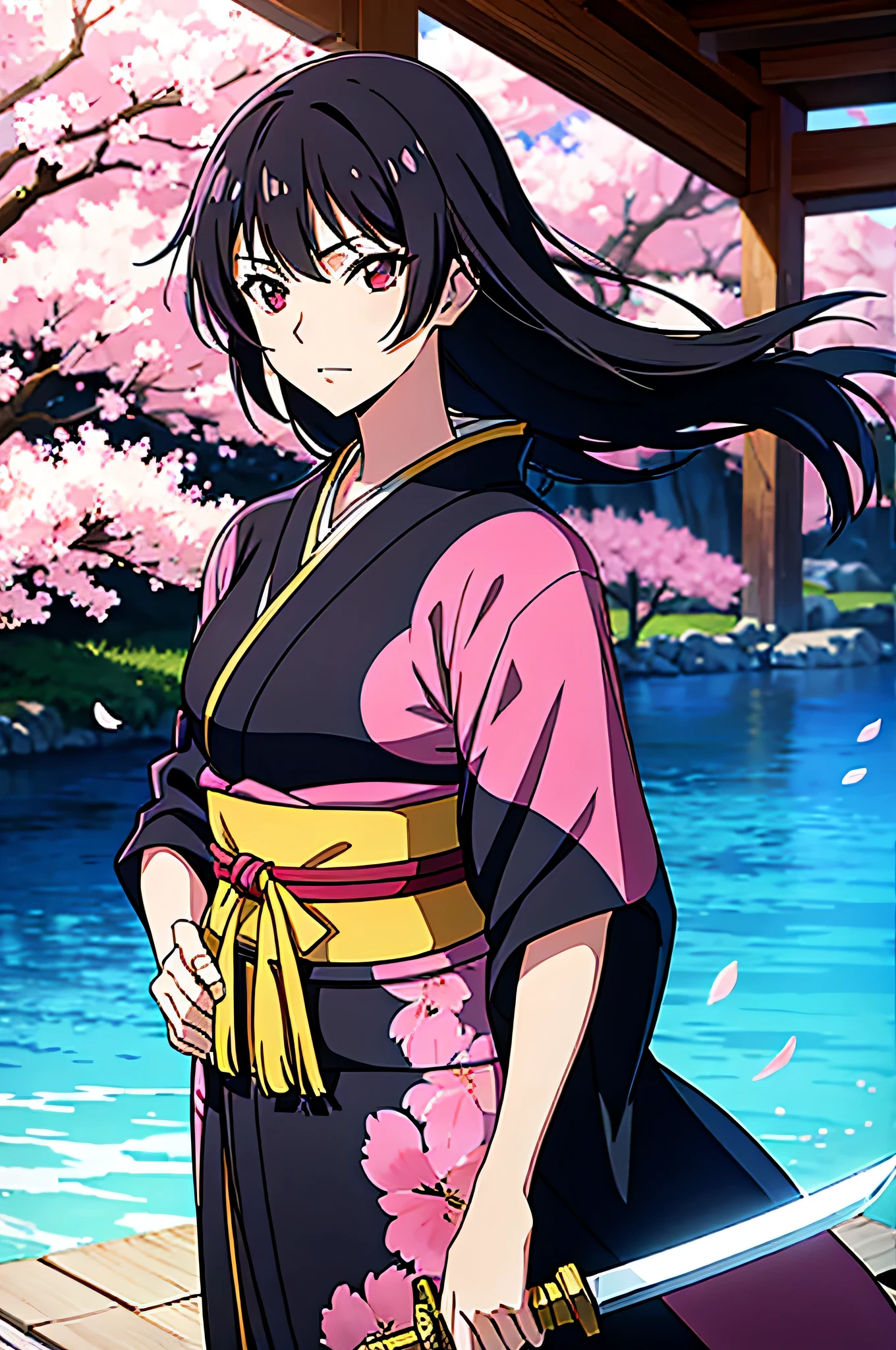 Beautiful woman, black hair, kimono, warrior, sword,background cherry blossoms