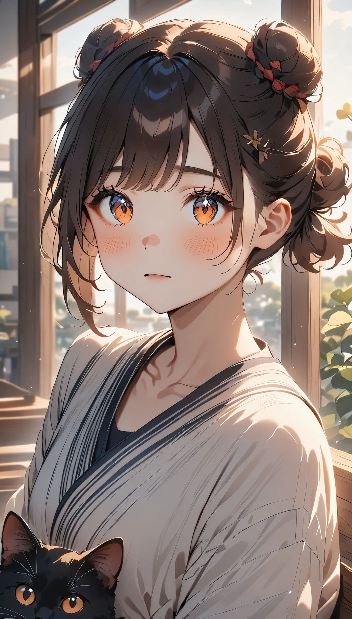 highest quality、Black catを抱く女の子、cute  girl、Bun hair with brown hair tied、Black cat、natural look、long shot、Natural light