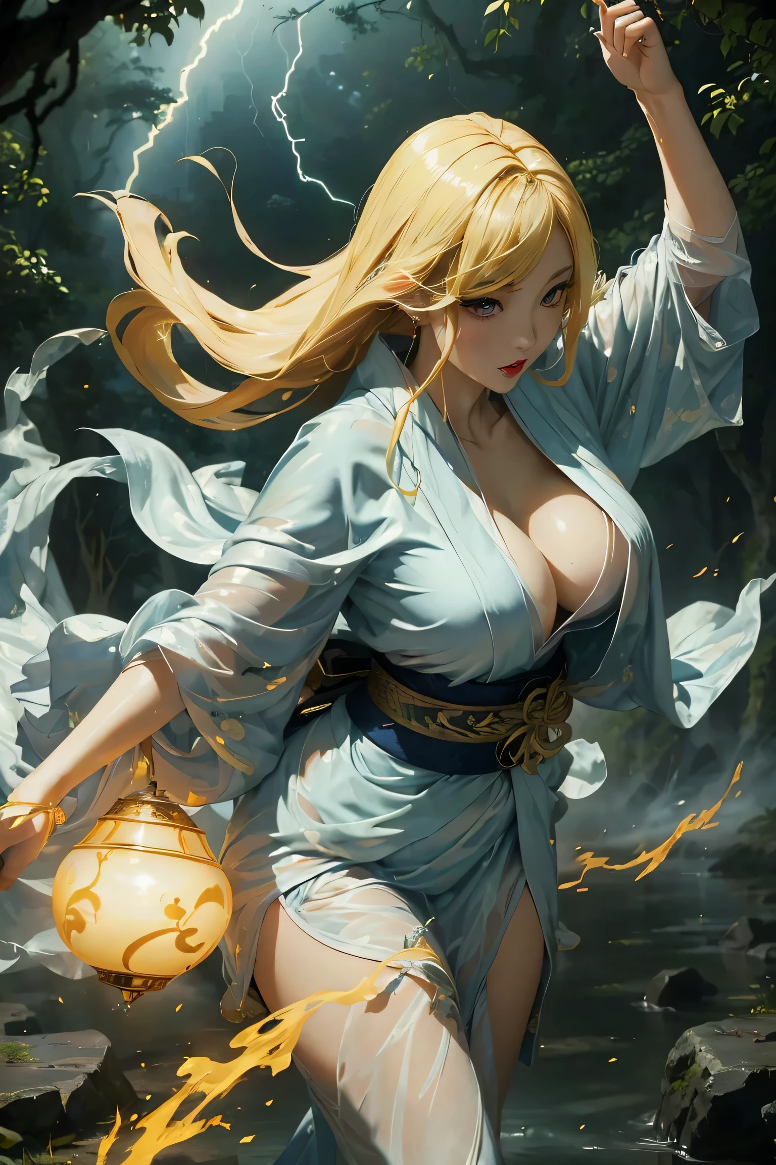 (8k, highest quality, masterpiece: 1.2), (realistic, realistic: 1.37), Super detailed, ((A bewitching female thunder god dancing in the sky:1))、((Female thunder god in sexy Japanese style kimono))、A sexy thunder god who controls lightning、((A sexy golden kimono inspired by thunder:1))