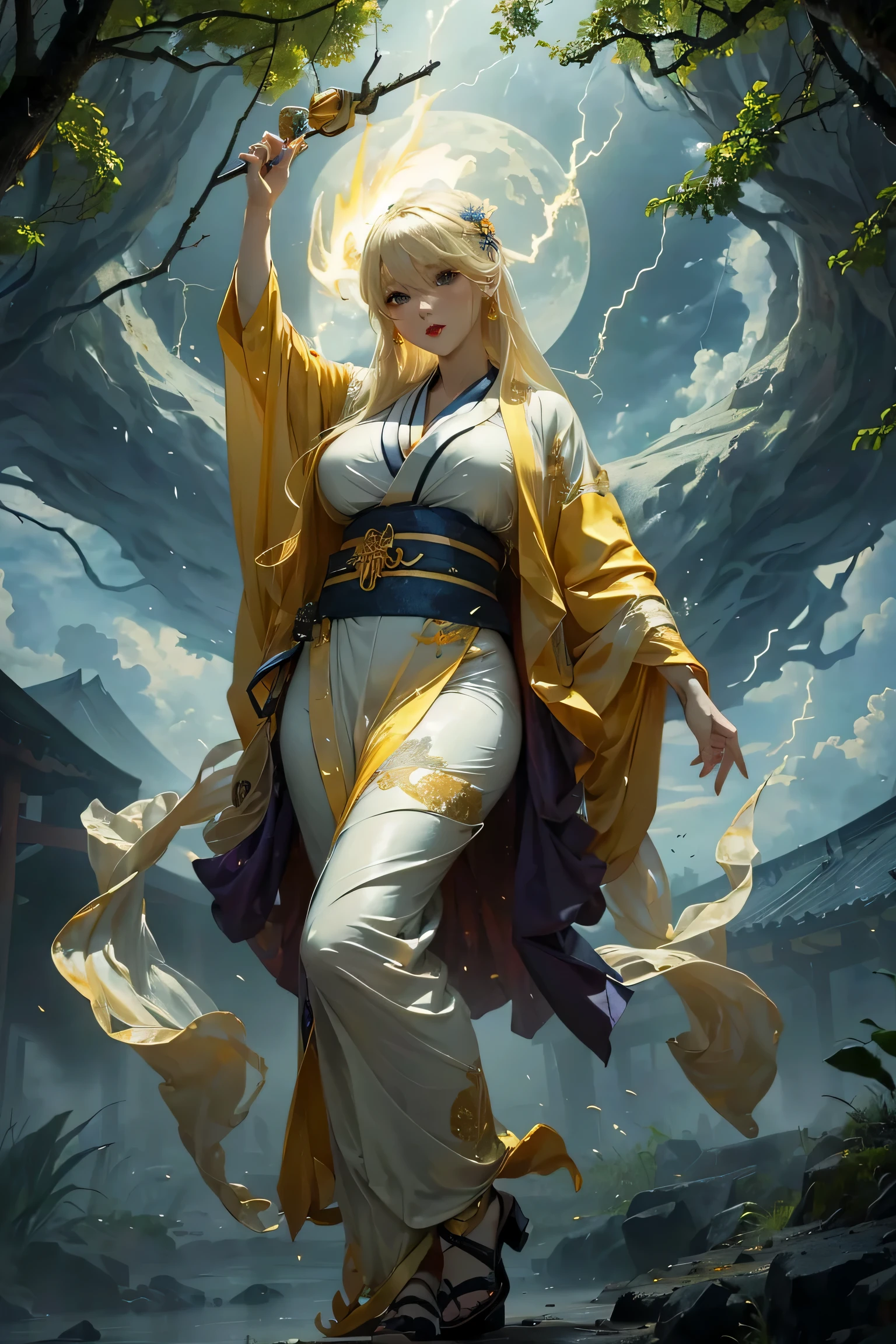 (8k, highest quality, masterpiece: 1.2), (realistic, realistic: 1.37), Super detailed, ((A bewitching female thunder god dancing in the sky:1))、((Female thunder god in sexy Japanese style kimono))、A sexy thunder god who controls lightning、((A sexy golden kimono inspired by thunder:1))