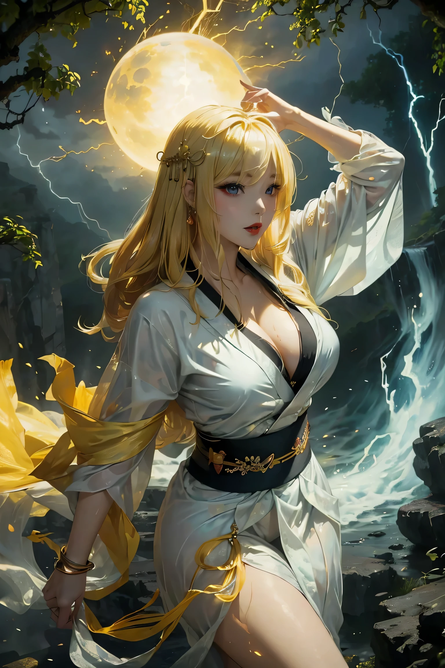 (8k, highest quality, masterpiece: 1.2), (realistic, realistic: 1.37), Super detailed, ((A bewitching female thunder god dancing in the sky:1))、((Female thunder god in sexy Japanese style kimono))、A sexy thunder god who controls lightning、((A sexy golden kimono inspired by thunder:1))