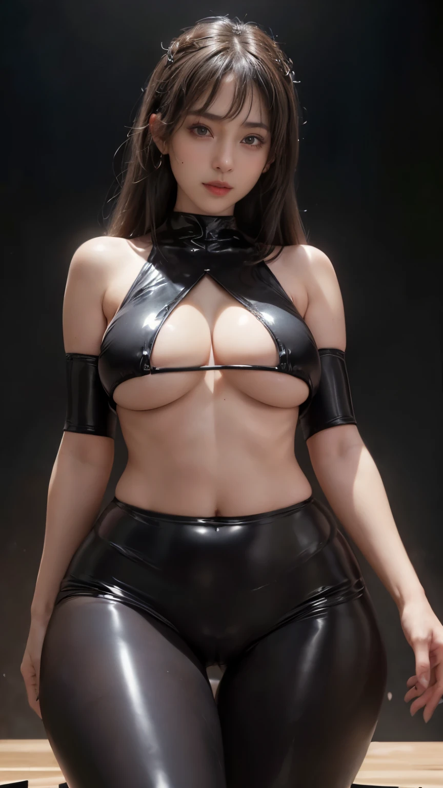 8K, table top, Raw photo, highest quality, realistic, Highly detailed CG Unity 8K wallpaper, Depth of written boundary, professional lighting, ray tracing, (very beautiful face, beautiful lips, beautiful eyes), slightly plump face, ((super dense skin)) 1 girl, deep shadow, pretty girl, ((looking at the viewer)), (enchanting smile), (blurred background), (saggy breasts, underboob、big   :1.6), clear eyes, black background, front shot, (white skin), (She is a slender woman), (wearing tight black latex、Glued to her body、Her nipples are very hard and erect, almost sticking out of her clothes.), (camel toe:1.3), 