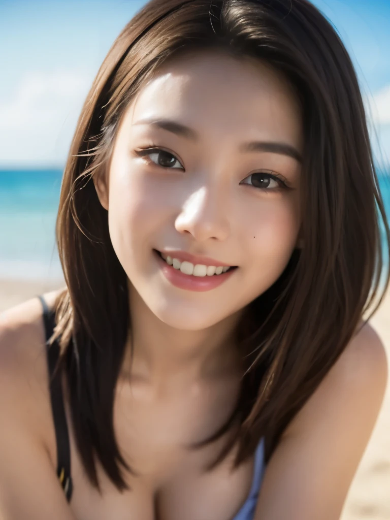 (masterpiece:1.2, highest quality), blur the background,Photographed with a wide-angle single focus lens,1 High school girl, (big boobs), posing naked, brown hair,bright eyes,blushing face,Highly detailed face and skin texture, healthy skin,big smile, (beach),4K resolution