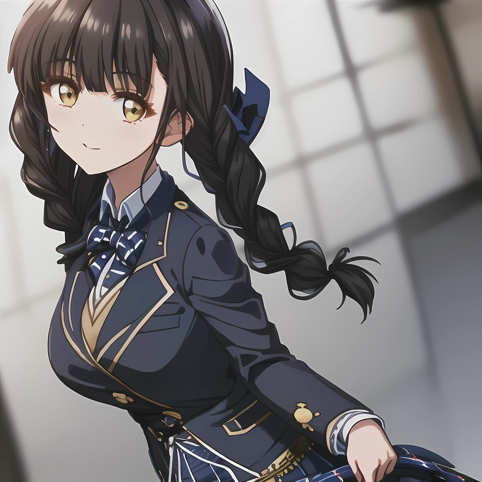 highest quality, (masterpiece:1.2), High resolution, perfect pixel, A very beautiful woman stands tall, 16 years old, ((girly large deep blue glossy silk Japanese school ribbon bow tie)), (((a pair of dark brown tightly braids hair style))), ((((dark blue & deep navy colored tartan checkered long skirt)))), ((A formal dark blue blazer with a golden emblem on the left chest that feels like cloth.)), looking at the viewer