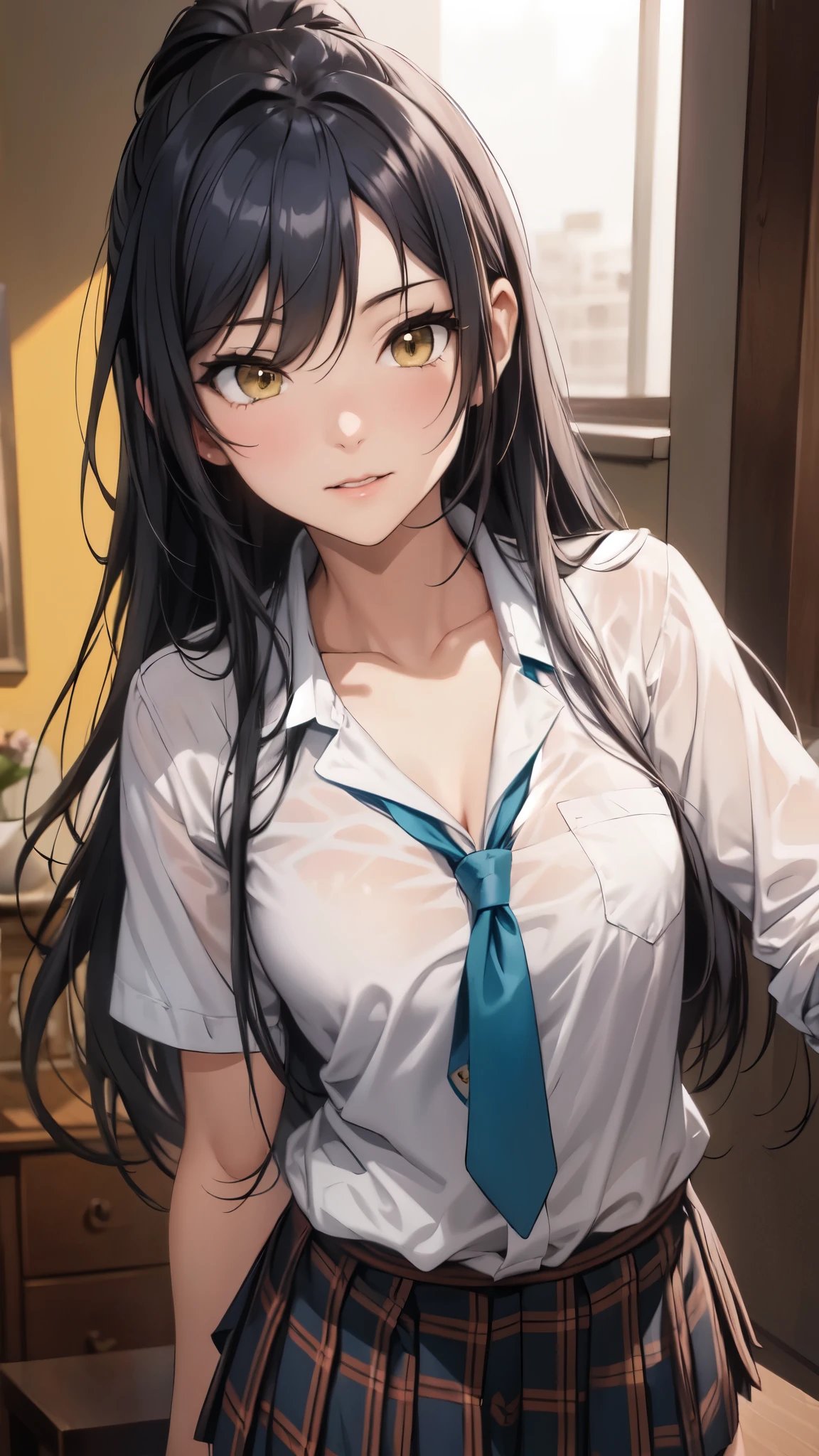 sakuyashirase, sakuya shirase, black hair, hair between eyes, long hair, ponytail, (yellow eyes:1.5),
break collarbone, (green tie), green skirt, tie, open collar, plaid, (plaid skirt, pleated skirt), shirt, skirt, (white shirt),
break looking at viewer, full body,smile,
break indoors, classroom,
break (masterpiece:1.2), highest quality, High resolution, unity 8k wallpaper, (figure:0.8),vivid color, (detailed and beautiful eyes:1.4), highly detailed face, perfect lighting, Very detailed CG, (perfect hands, perfect anatomy),