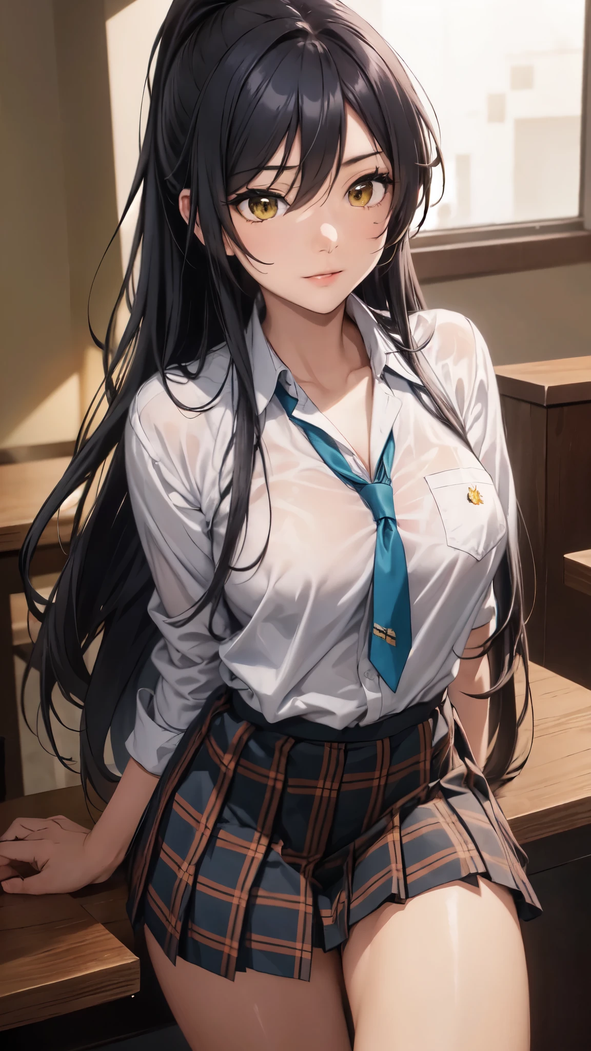 sakuyashirase, sakuya shirase, black hair, hair between eyes, long hair, ponytail, (yellow eyes:1.5),
break collarbone, (green tie), green skirt, tie, open collar, plaid, (plaid skirt, pleated skirt), shirt, skirt, (white shirt),
break looking at viewer, full body,smile,
break indoors, classroom,
break (masterpiece:1.2), highest quality, High resolution, unity 8k wallpaper, (figure:0.8),vivid color, (detailed and beautiful eyes:1.4), highly detailed face, perfect lighting, Very detailed CG, (perfect hands, perfect anatomy),
