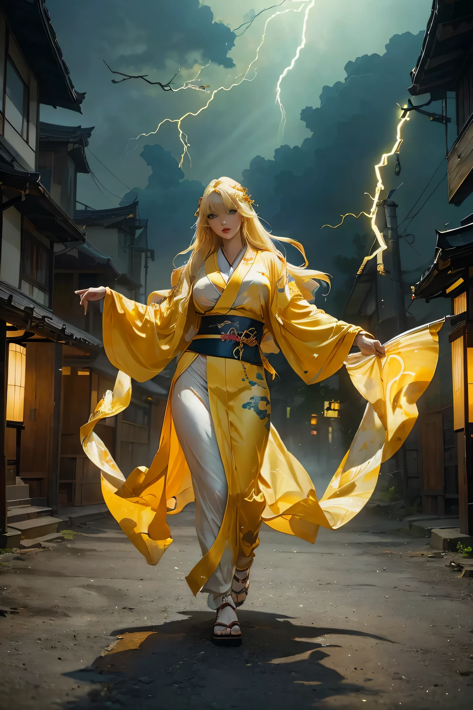 (8k, highest quality, masterpiece: 1.2), (realistic, realistic: 1.37), Super detailed, ((A bewitching female thunder god dancing in the sky:1))、((Female thunder god in sexy Japanese style kimono))、A sexy thunder god who controls lightning、((A sexy golden kimono inspired by thunder:1))