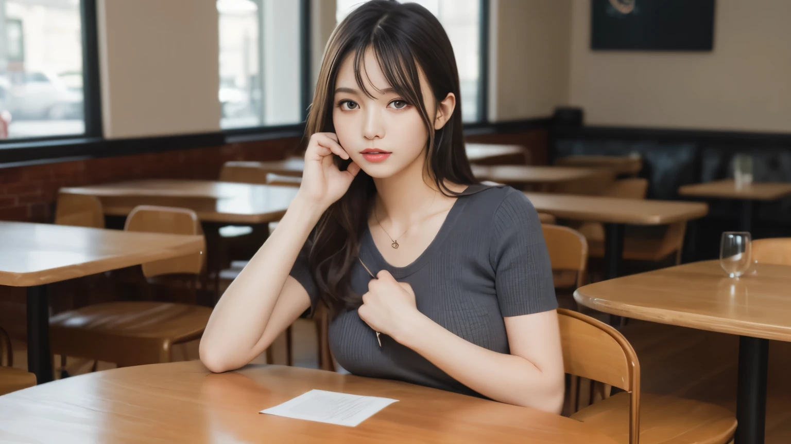 table top, highest quality, figure, Super detailed, finely, Inside the cafe, High resolution, 8k wallpaper, 完璧なダイナミックな構figure, detailed and beautiful eyes, natural lip, tight knit, random sexy pose