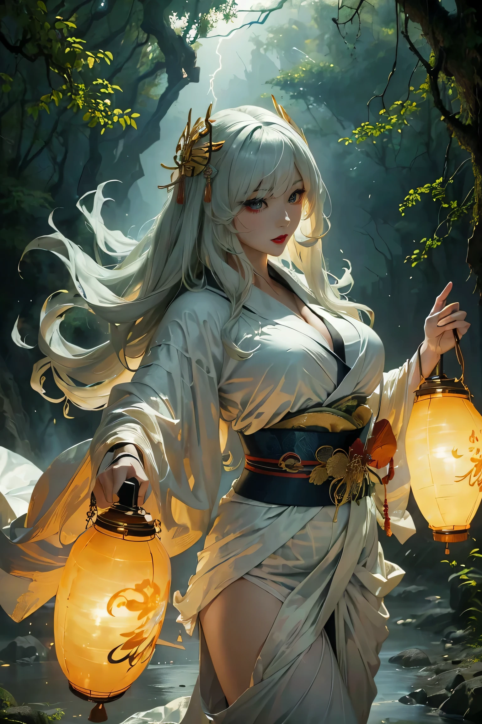 (8k, highest quality, masterpiece: 1.2), (realistic, realistic: 1.37), Super detailed, ((A bewitching female thunder god dancing in the sky:1))、((Female thunder god in sexy Japanese style kimono))、A sexy thunder god who controls lightning、((A sexy golden kimono inspired by thunder:1))