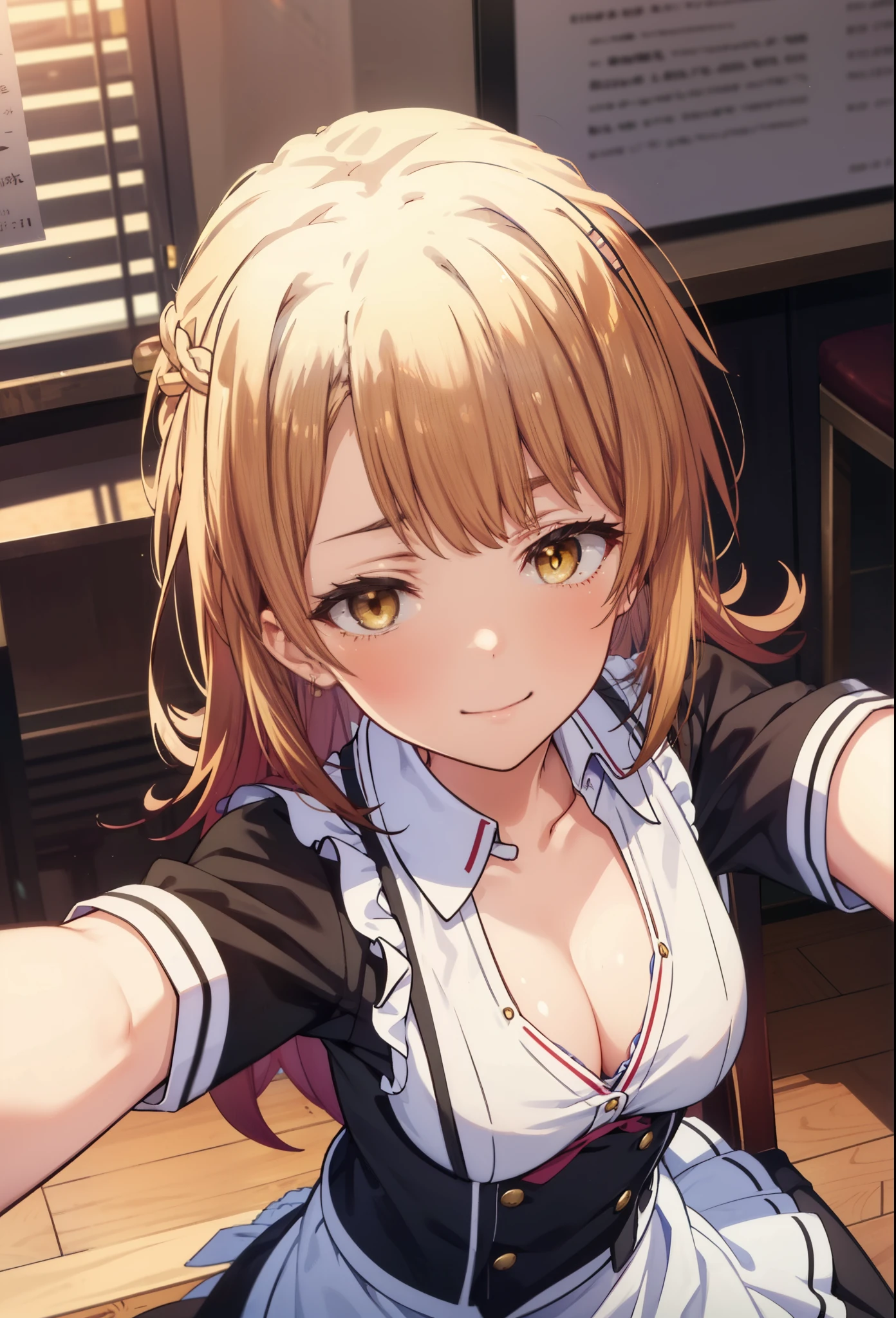 irohaisshiki, iroha isshiki, long hair, brown hair, (brown eyes:1.5), take a selfie from above your head,With his left hand, he spreads the collar of his shirt and shows his cleavage.,Smile, smile, open your mouth,short braided hair,ponytail,blush,smile,Maid clothes,Medium chest,she was wearing a miniskirt, black pantyhose, sitting cross-legged on a chair,So that the whole body goes into the illustration,
break indoors, coffee shop,
break looking at viewer,
break (masterpiece:1.2), highest quality, High resolution, unity 8k wallpaper, (shape:0.8), (fine and beautiful eyes:1.6), highly detailed face, perfect lighting, Very detailed CG, (perfect hands, perfect anatomy),