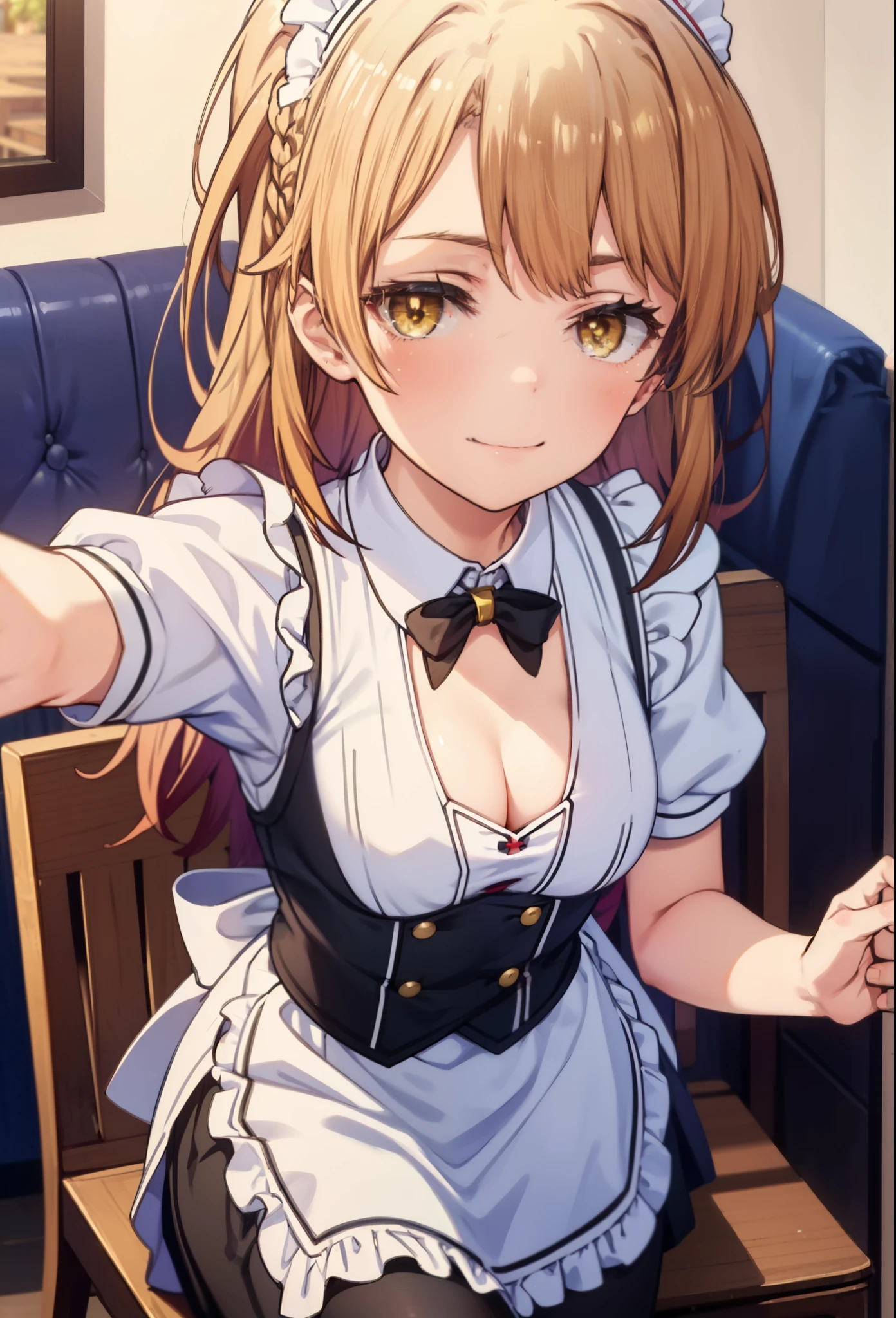 irohaisshiki, iroha isshiki, long hair, brown hair, (brown eyes:1.5), take a selfie from above your head,With his left hand, he spreads the collar of his shirt and shows his cleavage.,Smile, smile, open your mouth,short braided hair,ponytail,blush,smile,Maid clothes,Medium chest,she was wearing a miniskirt, black pantyhose, sitting cross-legged on a chair,So that the whole body goes into the illustration,
break indoors, coffee shop,
break looking at viewer,
break (masterpiece:1.2), highest quality, High resolution, unity 8k wallpaper, (shape:0.8), (fine and beautiful eyes:1.6), highly detailed face, perfect lighting, Very detailed CG, (perfect hands, perfect anatomy),