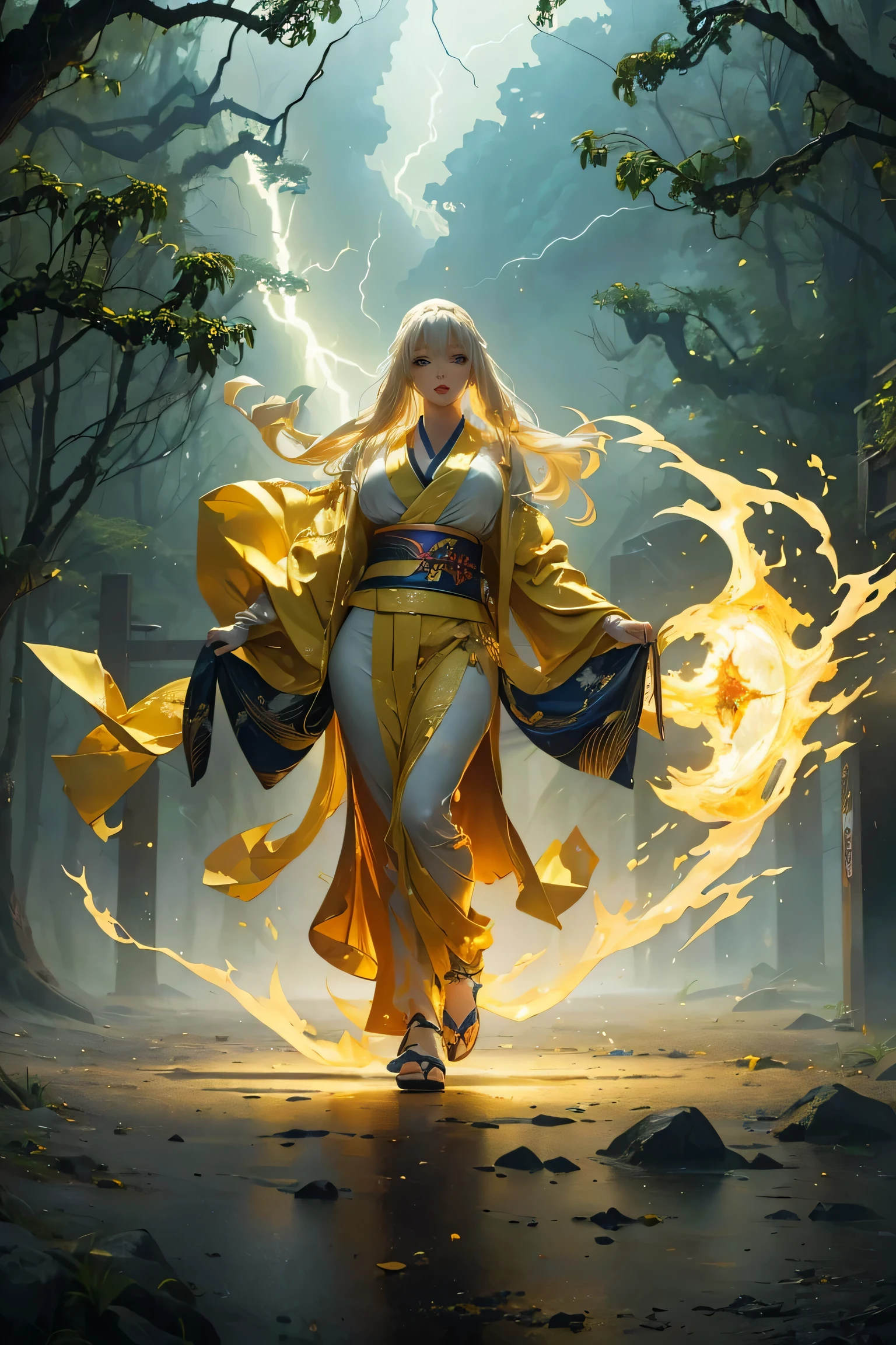 (8k, highest quality, masterpiece: 1.2), (realistic, realistic: 1.37), Super detailed, ((A bewitching female thunder god dancing in the sky:1))、((Female thunder god in sexy Japanese style kimono))、A sexy thunder god who controls lightning、((A sexy golden kimono inspired by thunder:1))