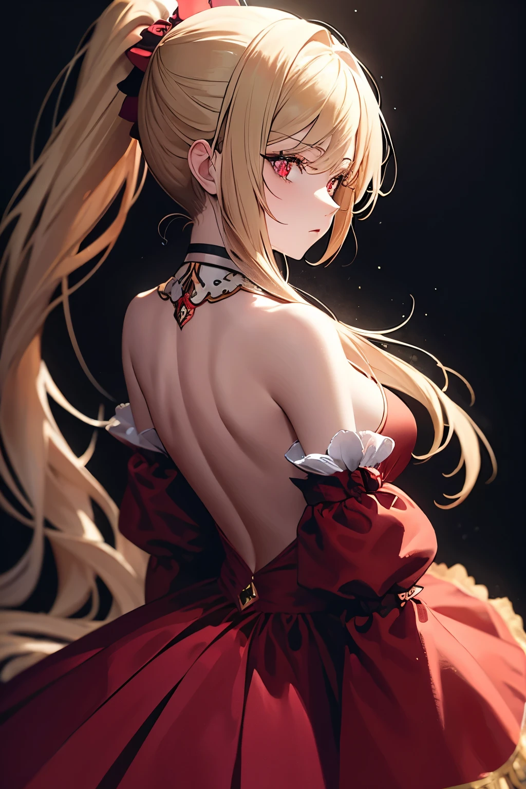 A young blonde woman, high ponytail, jewelry,
naked back,
embraided tight red dress, Juliet sleeves, long puffy sleeves, red bow,
royal castle hall