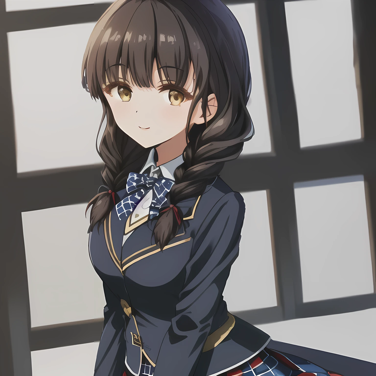 highest quality, (masterpiece:1.2), High resolution, perfect pixel, A very beautiful woman stands tall, 16 years old, ((girly large deep blue glossy silk Japanese school ribbon bow tie)), (((a pair of dark brown tightly braids hair style))), ((((dark blue & deep navy colored tartan checkered long skirt)))), ((A formal dark blue blazer with a golden emblem on the left chest that feels like cloth.)), looking at the viewer