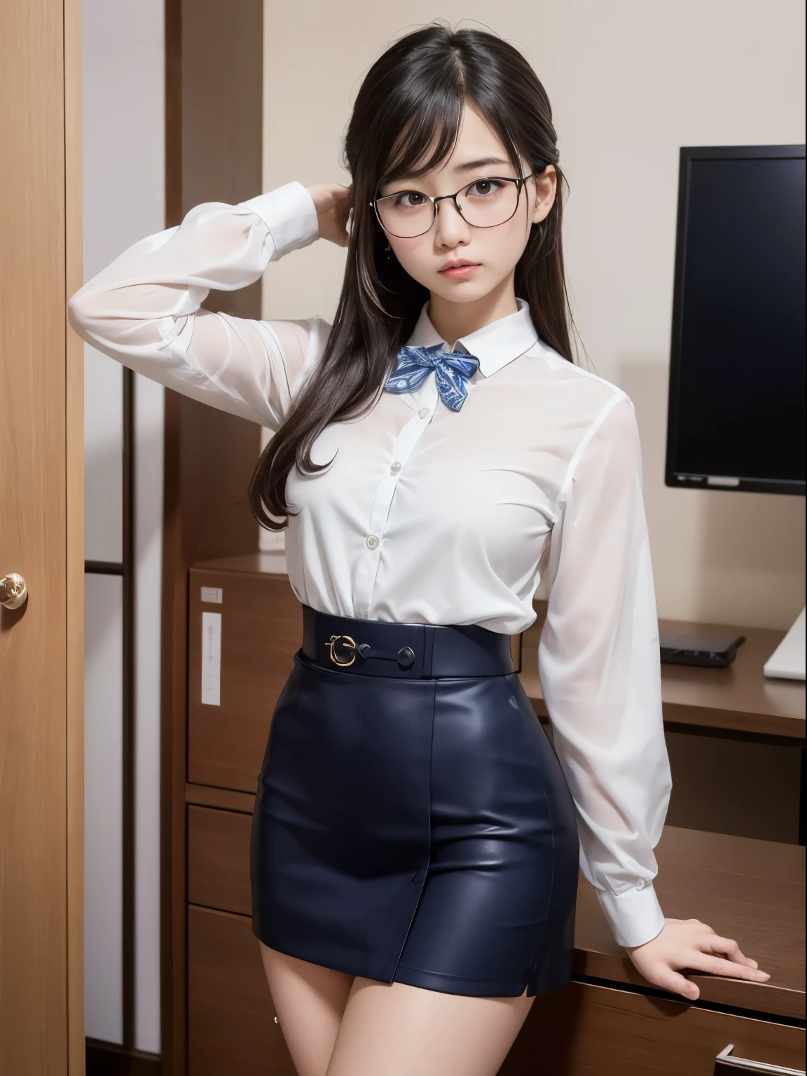 one person、solo、A 20-year-old office lady in office uniform poses for a photo shoot、victory、Tsundere、Saucy、Single knot、OL、suit、blue mini skirt、anger、Small、glasses、Slim girl model photo、Body:史上最Smallの美少女、female model、Japanese female fashion model、(8K、RAW photo、Highest image quality、masterpiece:1.2)、(real、photorealistic:1.37)、Ultra high definition、Ultra high definition、Office Street、standing position、whole body、((((SEXY)))