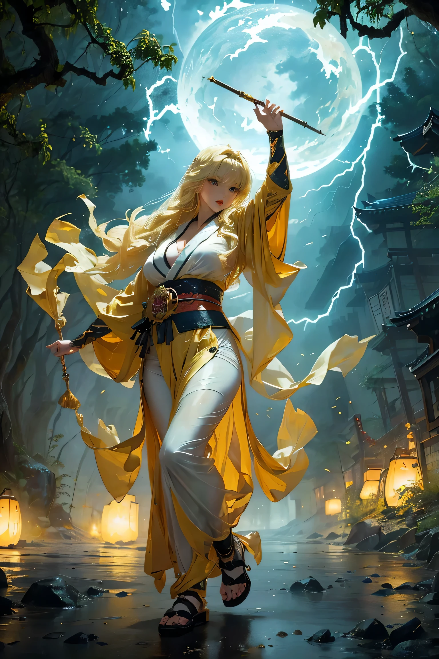 (8k, highest quality, masterpiece: 1.2), (realistic, realistic: 1.37), Super detailed, ((A bewitching female thunder god dancing in the sky:1))、((Female thunder god in sexy Japanese style kimono))、A sexy thunder god who controls lightning、((A sexy golden kimono inspired by thunder:1))