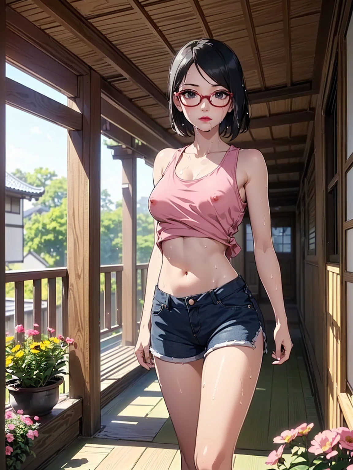 (1girl, solo, alone), (WakatsukiRisa, Sarada Uchiha, black hair, short hair, black eyes, red glasses), ((solo, (1woman, pink lipstick, (small breasts), black eyes), Extremely detailed, ambient soft lighting, 4k, perfect eyes, a perfect face, perfect lighting, a 1girl)), austere, (((fitness, shapely body, athletic body, toned body, yellow tank top, (yellow mini top, revealing wet tank top, hanging out of braless top, beautiful high detailed dreamgarden, nsfw 8K), women's tank top, wet yellow tank) top, transparent, transparency, mini shorts, jean shorts, navel out, abdomen showing, wet body, wooden house, classic Japanese house, old Japanese house , balcony, garden, flowers, walking in the hallway))