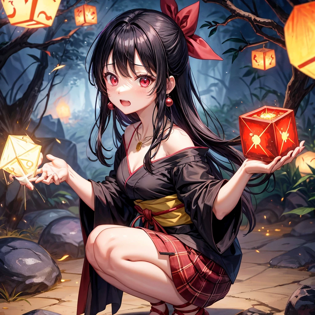 Pink-black hair、red eyes、one good looking girl、solo、anime、plaid mini skirt、black camisole、black t-shirt、kimono、wearing a ribbon、ribbon at waist、stone slabs are piled up、crystal earrings、jewelry necklace、Light and shadow、clock、universe、vine plant、petal、tilting one&#39;s face、teeth are visible、fire spirit、book of magic、Cube、bamboo forest、lava、Plum blossom、squatting down、Have a kokeshi、moonlight、Fireflies are flying