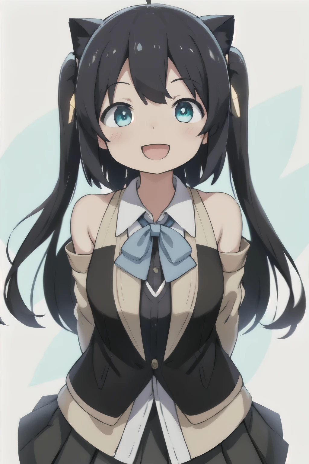 white background、Solid white background、blank background、arms behind back、adult woman、hide your hands、Upper body photographed from the front,(high quality, Breathtaking),(delicate eyes, perfect face)solo,Era: late 20s, Heterochromia - (yellow left eye、The left eye is yellow、light blue right eye、The right eye is light blue)、open your mouth without showing your teeth、Smile with mouth wide open、open your mouth wide、fish shaped hairpin、medium shoulder length hair, black hair, black long sleeve blazer clothes,black pleated skirt、