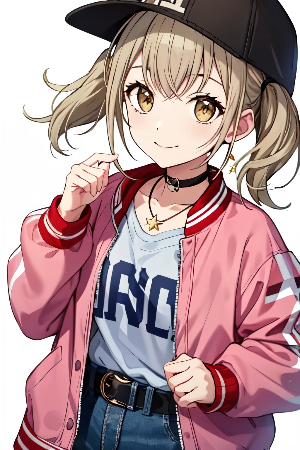 proper third, looking at the viewer, smile, shirt, long sleeve, have, twin tails, jewelry, closed mouth, Jacket, Upper body, open clothes, choker, belt, pants, medium hair, necklace, star (symbol), open Jacket, white hat, denim, short twin tails, write clothes, baseball cap, grey shirt, red Jacket, pink Jacket, white belt, backwards have, letterman Jacket,white background,