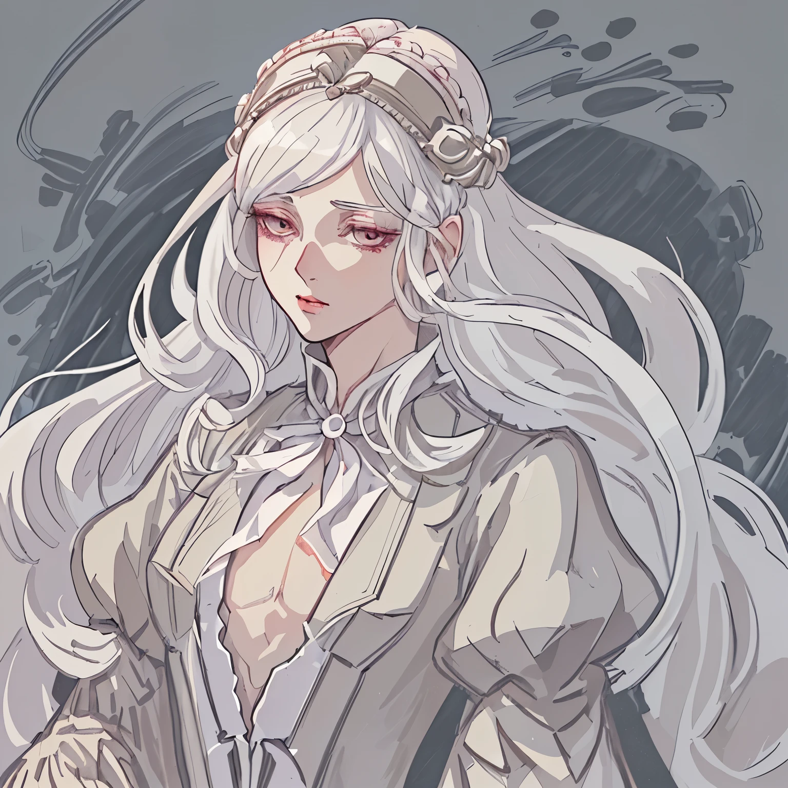White hair girl, aristocrat manhwa, vintage gown, chest up, white long hair, head piece, soft pastel eyes, appropriate clothes, covered chest, close up, zoom in face
