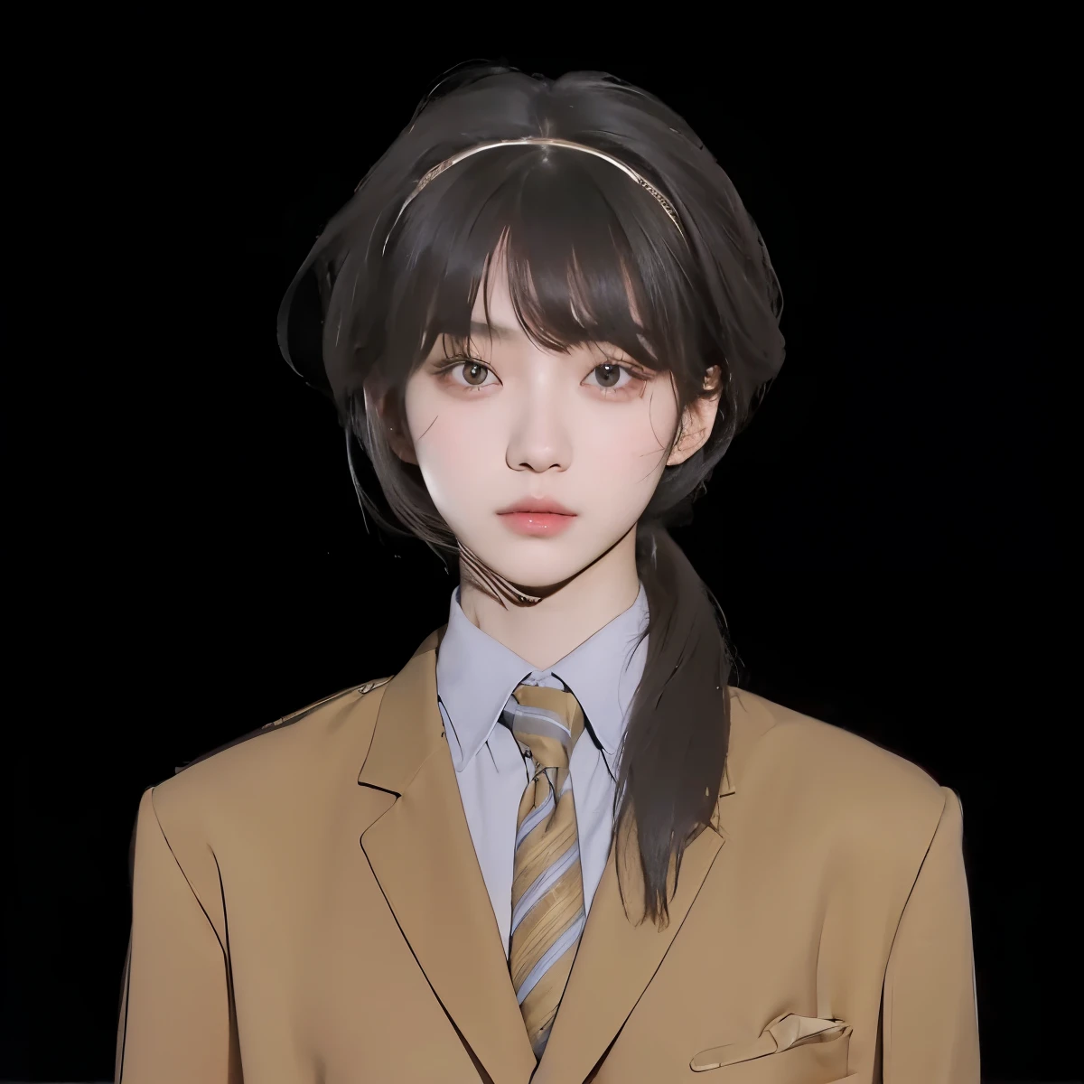 Real life adaption of this character, ((Korean teen beautiful face)), Realistic eyes,((realistic very Messy black hair)), realistic black hair, ((realistic same outfit)), hyper realistic, realism, realistic light, realistic shadow,(photorealistic:1.2),Cool expression