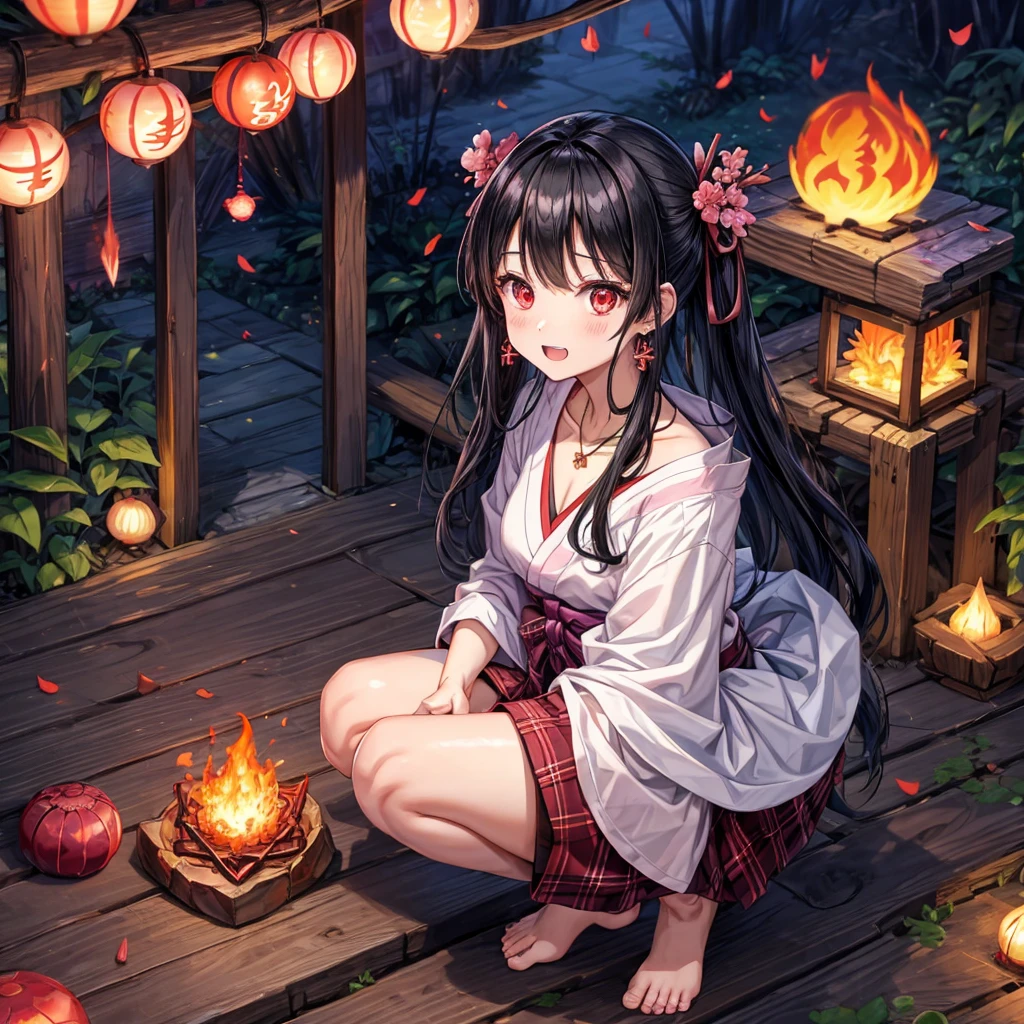 Pink-black hair、red eyes、one good looking girl、solo、anime、plaid mini skirt、black camisole、black t-shirt、kimono、wearing a ribbon、ribbon at waist、stone slabs are piled up、crystal earrings、jewelry necklace、Light and shadow、clock、universe、vine plant、petal、tilting one&#39;s face、teeth are visible、fire spirit、book of magic、Cube、bamboo forest、lava、Plum blossom、squatting down、Have a kokeshi、moonlight、Fireflies are flying