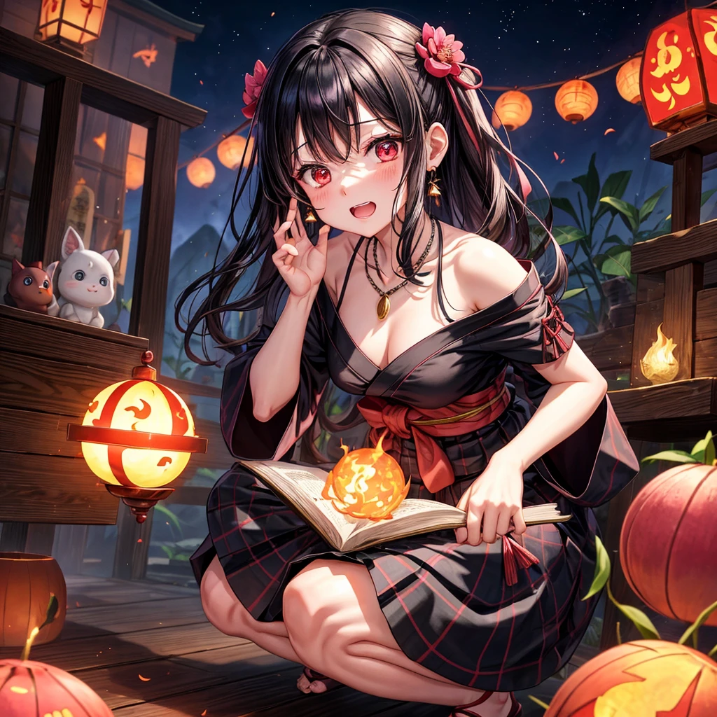 Pink-black hair、red eyes、one good looking girl、solo、anime、plaid mini skirt、black camisole、black t-shirt、kimono、wearing a ribbon、ribbon at waist、stone slabs are piled up、crystal earrings、jewelry necklace、Light and shadow、clock、universe、vine plant、petal、tilting one&#39;s face、teeth are visible、fire spirit、book of magic、Cube、bamboo forest、lava、Plum blossom、squatting down、Have a kokeshi、moonlight、Fireflies are flying