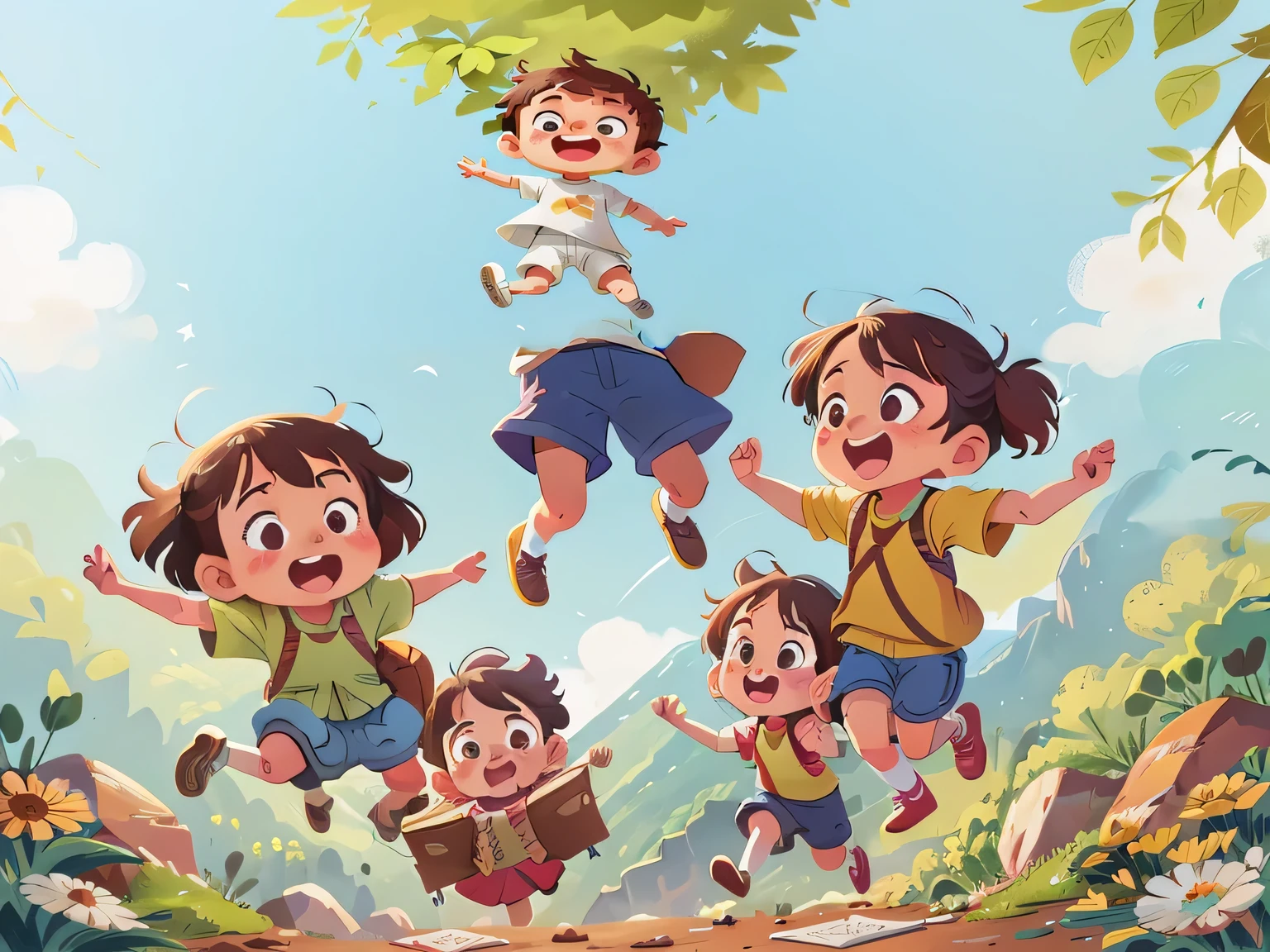 Cartoon illustration of three children jumping in the air in the moutain vietnam, childrens art in artstation, children illustration, A beautiful artwork illustration, Cartoon style illustration, children's book illustrations, children's book illustrations, KIDS ILLUSTRATION, Official illustration, lovely art style, Game illustration, Mobile game art, Official artwork, Cute detailed digital art, children's book illustrations, Children's illustration