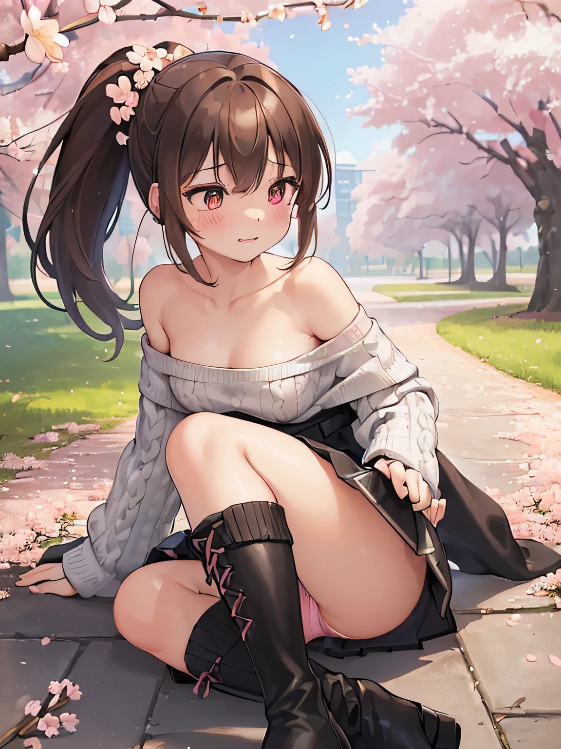 (Masterpiece, top quality, high resolution, realistic photo, realistic looking skin:1.1),
(Woman walking in park lined with cherry blossom trees:1.2),
(Skirt billowing in the wind: 1.8),
(Fully exposed panties:1.8),
(blushing and embarrassed expression as her skirt flips up:1.5),
((She is wearing a black off-the-shoulder long-sleeved knit: 1.8)),
(She is wearing a gray flare-type mini-skirt:1.8),
(She is wearing black middle boots: 1.8),
(I do not wear knee-high stockings because it is too hot. 1.8),
(I do not wear knee-high socks because it is too hot. 1.8),
(Her panties are of a flashy color and pattern:1.5),
(Brown hair in a middle ponytail:1.5),
(Small face:1.5),
(D-cup breasts:1.5),
(Location: a park lined with cherry blossom trees where the wind blows: 1.5),
1 Japanese girl, solo, full-bodied esbian, beautiful eyes, glowing eyes, glowing thighs, NSFW