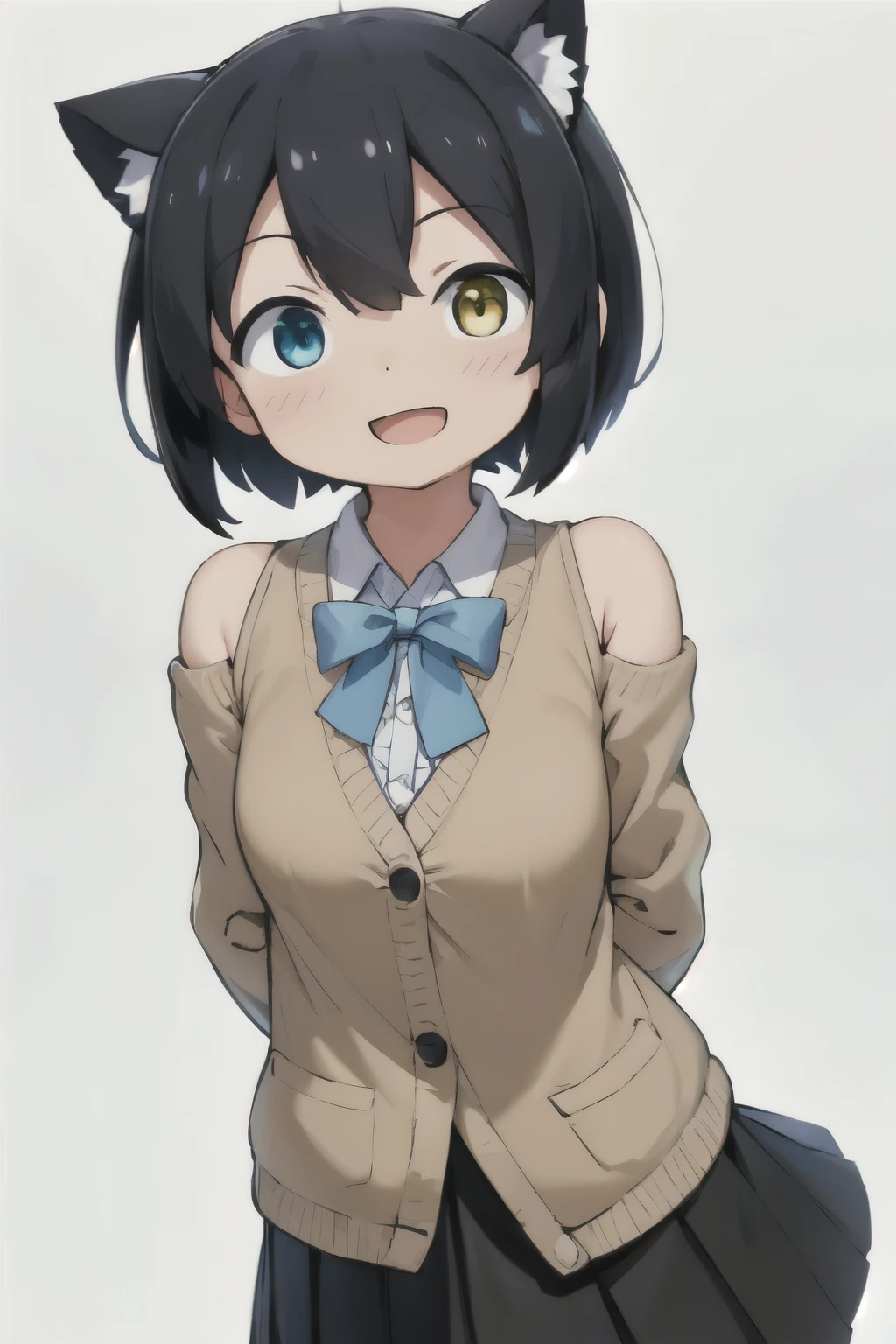 white background、Solid white background、blank background、arms behind back、adult woman、hide your hands、Upper body photographed from the front,(high quality, Breathtaking),(delicate eyes, perfect face)solo,Era: late 20s, Heterochromia - （left eye is yellow、The right eye is light blue.）、open your mouth without showing your teeth、Smile with mouth wide open、open your mouth wide、fish shaped hairpin、medium shoulder length hair, black hair, Long Sleeve Blazer Clothing,black pleated skirt、