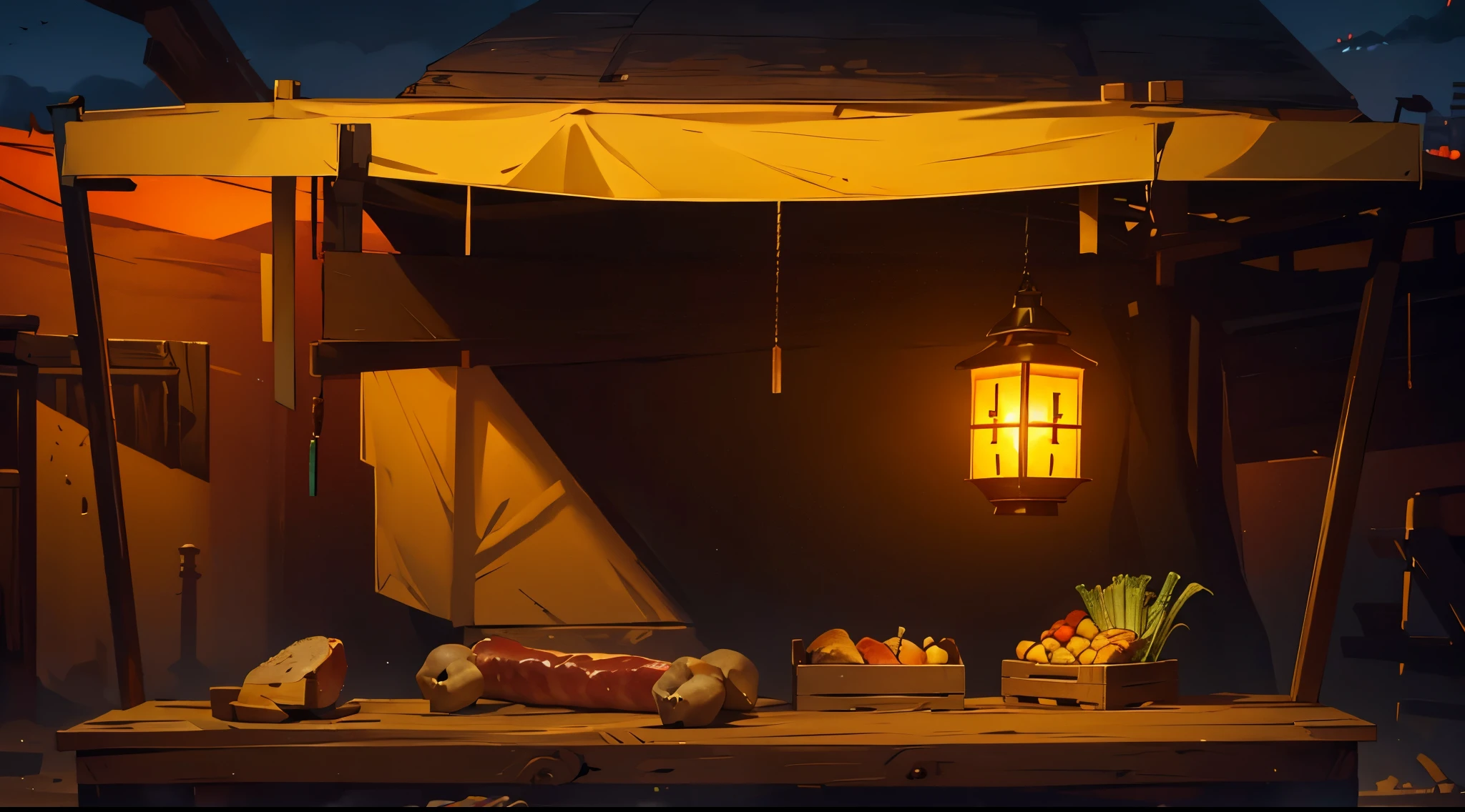 traditional market stalls, ((meats, femur bones)), skull, (strange foods), ((wooden boxes)), a giant stone behind the stall, dusk, twilight, evening sky, sand ground, yellow lantern light