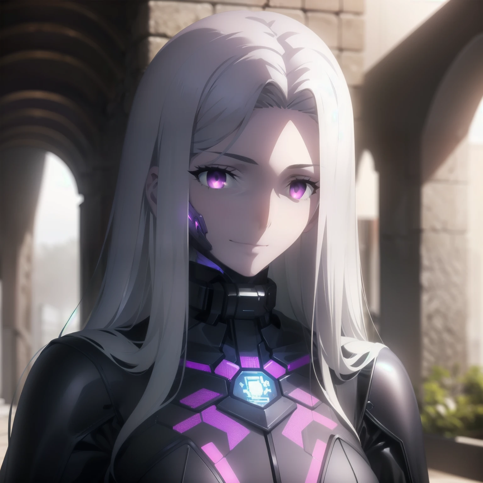 1girl,greek columns background,outdoors,(8k),anime
,detailed face,((white hair)),deep red eyes,long hair_ornament,long hair,accomodating,high_res, high_definition,looking at viewer,((black leather tightsuit with detailed purple aramid plates cyberpunk netrunner outfit)),sexy confident smile,thick eyelashes,milf,((red eyeshadow:0.7)),(((albino woman:0.9))),(pale white skin:0.85),(bright light overhead),(happy expression:1.2),(carefree),(unserious),(medusa with snake hair:1.1),(facial portrait,close-up,action pose:0.9),(ufotable screen cap),(((purple hexagonal aramid plates))),(hexagon patterns on suit:1.2)