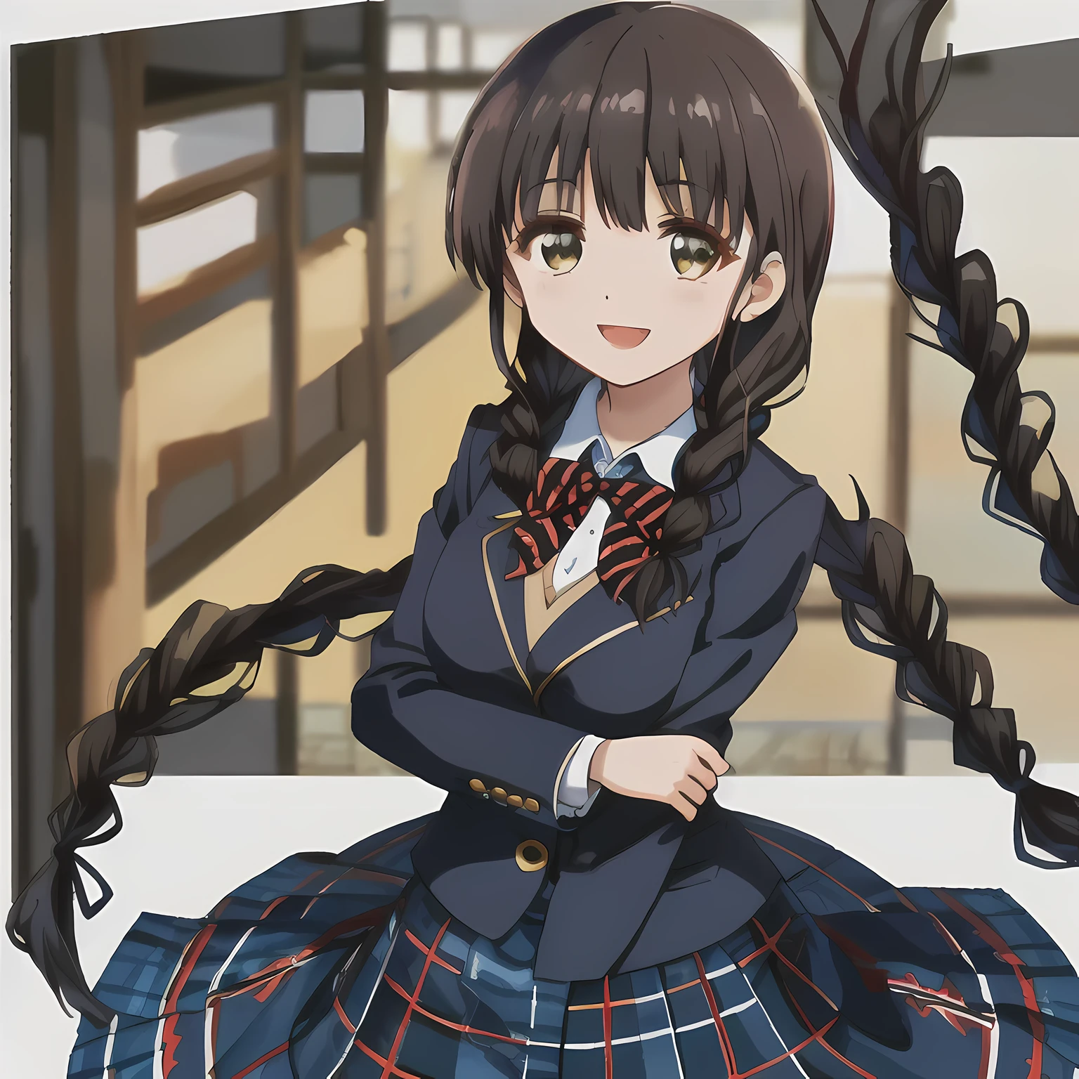 highest quality, (masterpiece:1.2), High resolution, perfect pixel, A very beautiful woman stands tall, , ((girly large deep blue glossy silk Japanese school ribbon bow tie)), (((a pair of dark brown tightly braids hair style))), ((((dark blue & deep navy colored tartan checkered long skirt)))), ((A formal dark blue blazer with a golden emblem on the left chest that feels like cloth.)), looking at the viewer, laughing very happily, pity the viewers